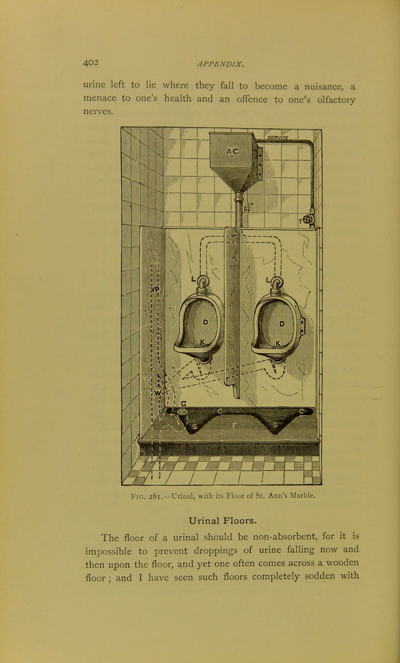 urine left to lie where they fall to become a nuisance, a menace to one's health and an offence to one's olfactory nerves. Fig. 281.—Urinal, with its Floor of St. Ann's Marble. Urinal Floors. The floor of a urinal should be non-absorbent, for it is impossible to prevent droppings of urine faUing now and then upon the floor, and yet one often comes across a wooden floor ; and I have seen such floors completely sodden with