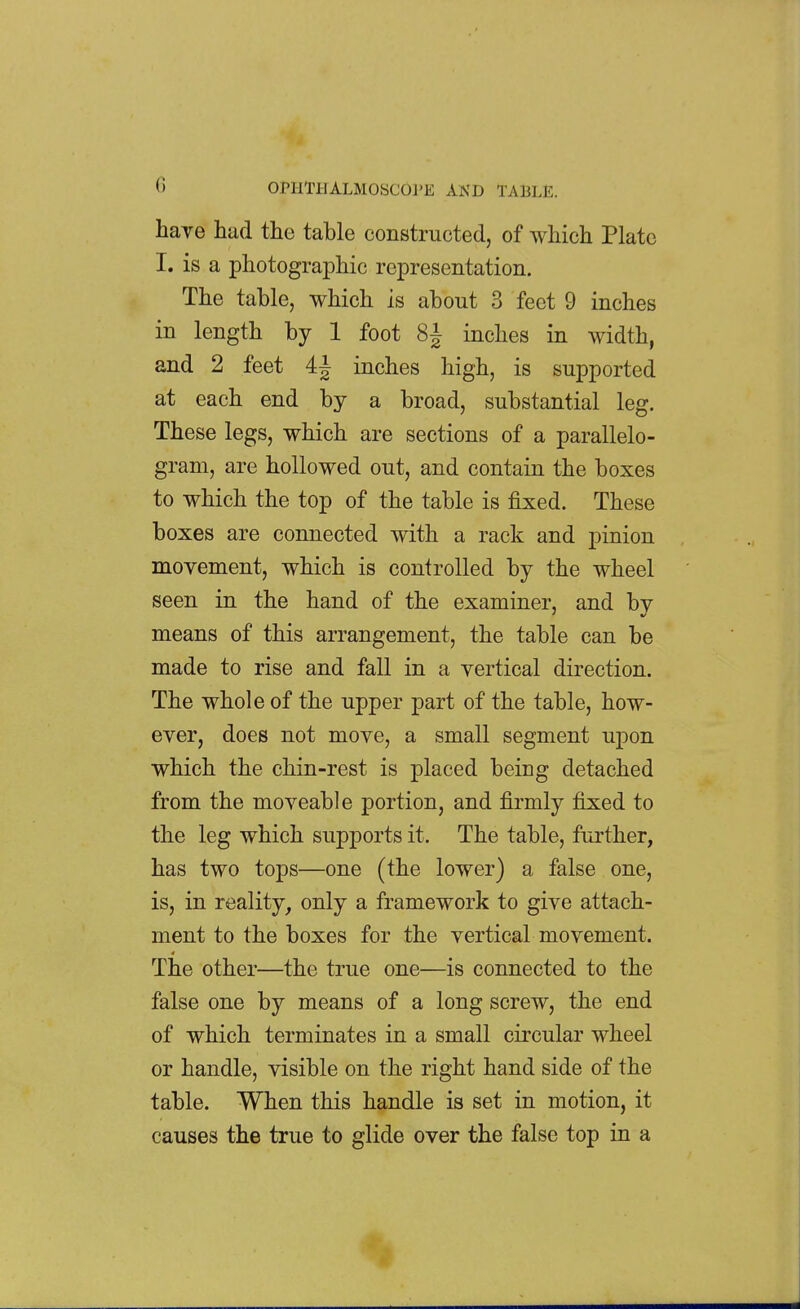 hare had the table constructed, of which Plate I. is a photographic representation. The table, which is about 3 feet 9 inches in length by 1 foot inches in width, and 2 feet 4| inches high, is supported at each end by a broad, substantial leg. These legs, which are sections of a parallelo- gram, are hollowed out, and contain the boxes to which the top of the table is fixed. These boxes are connected with a rack and pinion movement, which is controlled by the wheel seen in the hand of the examiner, and bv means of this arrangement, the table can be made to rise and fall in a vertical direction. The whole of the upper part of the table, how- ever, does not move, a small segment upon which the chin-rest is placed being detached from the moveable portion, and firmly fixed to the leg which supports it. The table, further, has two tops—one (the lower) a false one, is, in reality, only a framework to give attach- ment to the boxes for the vertical movement. The other—the true one—is connected to the false one by means of a long screw, the end of which terminates in a small circular wheel or handle, visible on the right hand side of the table. When this handle is set in motion, it causes the true to glide over the false top in a