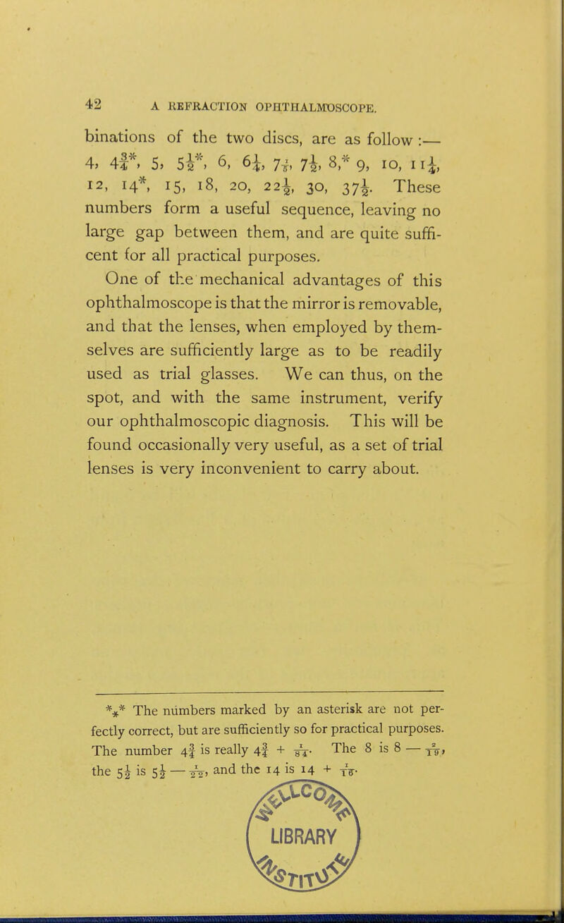 binations of the two discs, are as follow : 4, 5, 5i*. 6, 6i, 7^, 7I 8,* 9, 10, iii 12, 14*, 15, 18, 20, 22^, 30, 374. These numbers form a useful sequence, leaving no large gap between them, and are quite suffi- cent for all practical purposes. One of the mechanical advantages of this ophthalmoscope is that the mirror is removable, and that the lenses, when employed by them- selves are sufficiently large as to be readily used as trial glasses. We can thus, on the spot, and with the same instrument, verify our ophthalmoscopic diagnosis. This will be found occasionally very useful, as a set of trial lenses is very inconvenient to carry about. *#* The numbers marked by an asterisk are not per- fectly correct, but are sufficiently so for practical purposes. The number 4f is really 4f + ^. The 8 is 8 — ^, the 5| is 5^ — ^, and the 14 is 14 + tV
