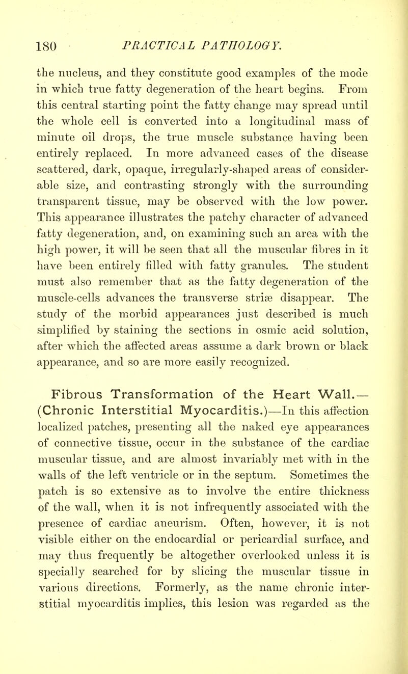 the nucleus, and they constitute good examples of the mode in which true fatty degeneration of the heart begins. From this central starting point the fatty change may spread until the whole cell is converted into a longitudinal mass of minute oil drops, the true muscle substance having been entirely replaced. In more advanced cases of the disease scattered, dark, opaque, irregularly-shaped areas of consider- able size, and contrasting strongly with the surrounding transparent tissue, may be observed with the low power. This appearance illustrates the patchy character of advanced fatty degeneration, and, on examining such an area with the high power, it will be seen that all the muscular fibres in it have been entirely filled with fatty granules. The student must also remember that as the fatty degeneration of the muscle-cells advances the transverse strise disappear. The study of the morbid appearances just described is much simplified by staining the sections in osmic acid solution, after which the affected areas assume a dark brown or black appearance, and so are more easily recognized. Fibrous Transformation of the Heart Wall.— (Chronic Interstitial Myocarditis.)—In this affection localized patches, presenting all the naked eye appearances of connective tissue, occur in the substance of the cardiac muscular tissue, and are almost invariably met with in the walls of the left ventricle or in the septum. Sometimes the patch is so extensive as to involve the entire thickness of the wall, when it is not infrequently associated with the presence of cardiac aneurism. Often, however, it is not visible either on the endocardial or pericardial surface, and may thus frequently be altogether overlooked unless it is specially searched for by slicing the muscular tissue in various directions. Formerly, as the name chronic inter- stitial myocarditis implies, this lesion was regarded as the