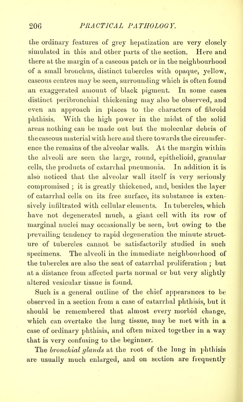 the ordinary features of grey hepatization are very closely simulated in this and other parts of the section. Here and there at the margin of a caseous patch or in the neighbourhood of a small bronchus, distinct tubercles with opaque, yellow, caseous centres may be seen, surrounding which is often found an exaggerated amount of black pigment. In some cases distinct peribronchial thickening may also be observed, and even an approach in places to the characters of fibroid phthisis. With the high power in the midst of the solid areas nothing can be made out but the molecular debris of the caseous material with here and there towards the circumfer- ence the remains of the alveolar walls. At the margin within the alveoli are seen the large, round, epithelioid, granular cells, the products of catarrhal pneumonia. In addition it is also noticed that the alveolar wall itself is very seriously compromised ; it is greatly thickened, and, besides the layer of catarrhal cells on its free surface, its substance is exten- sively infiltrated with cellular elements. In tubercles, which have not degenerated much, a giant cell with its row of marginal nuclei may occasionally be seen, but owing to the prevailing tendency to rapid degeneration the minute struct- ure of tubercles cannot be satisfactorily studied in such specimens. The alveoli in the immediate neighbourhood of the tubercles are also the seat of catarrhal proliferation ; but at a distance from affected parts normal or but very slightly altered vesicular tissue is found. Such is a general outline of the chief appearances to be observed in a section from a case of catarrhal phthisis, but it should be remembered that almost every morbid change, which can overtake the lung tissue, may be met with in a case of ordinary phthisis, and often mixed together in a way that is very confusing to the beginner. The bronchial glands at the root of the lung in phthisis are usually much enlarged, and on section are frequently