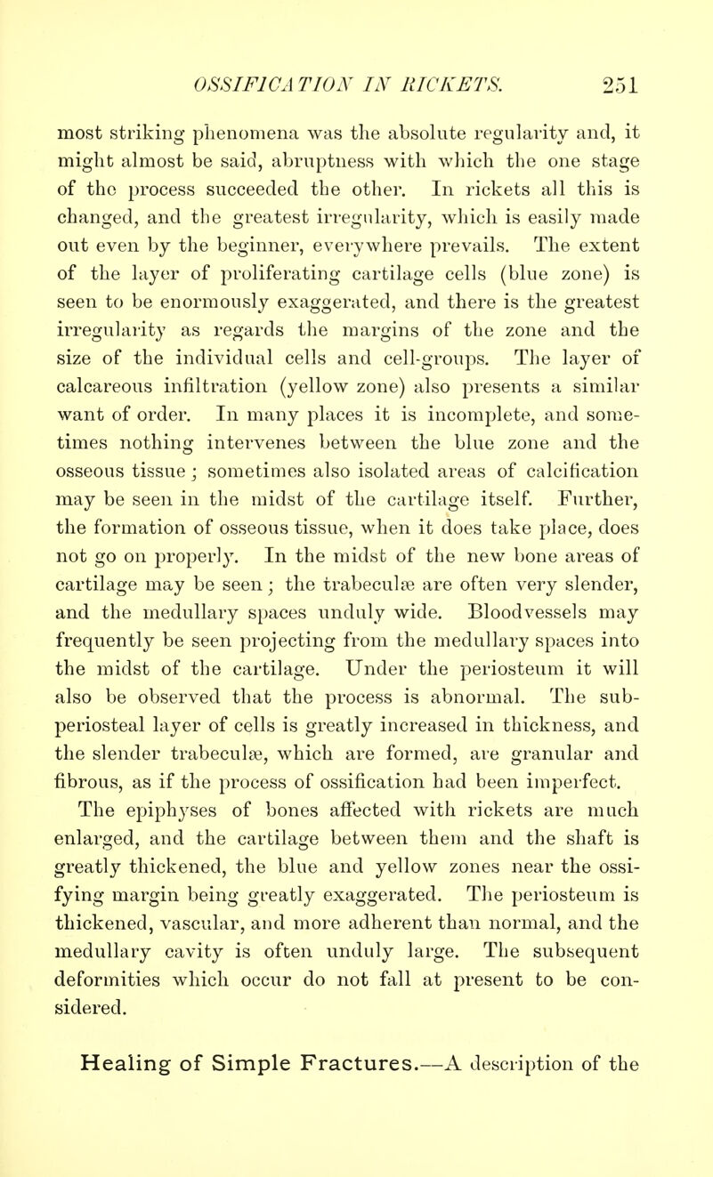 most striking phenomena was the absolute regularity and, it might almost be said, abruptness with which the one stage of the process succeeded the other. In rickets all this is changed, and the greatest irregularity, which is easily made out even by the beginner, everywhere prevails. The extent of the layer of proliferating cartilage cells (blue zone) is seen to be enormously exaggerated, and there is the greatest irregularity as regards the margins of the zone and the size of the individual cells and cell-groups. The layer of calcareous infiltration (yellow zone) also presents a similar want of order. In many places it is incomplete, and some- times nothing intervenes between the blue zone and the osseous tissue; sometimes also isolated areas of calcification may be seen in the midst of the cartilage itself. Further, the formation of osseous tissue, when it does take place, does not go on properly. In the midst of the new bone areas of cartilage may be seen; the trabecular are often very slender, and the medullary spaces unduly wide. Bloodvessels may frequently be seen projecting from the medullary spaces into the midst of the cartilage. Under the periosteum it will also be observed that the process is abnormal. The sub- periosteal layer of cells is greatly increased in thickness, and the slender trabecular, which are formed, are granular and fibrous, as if the process of ossification had been imperfect. The epiph}rses of bones affected with rickets are much enlarged, and the cartilage between them and the shaft is greatly thickened, the blue and yellow zones near the ossi- fying margin being greatly exaggerated. The periosteum is thickened, vascular, and more adherent than normal, and the medullary cavity is often unduly large. The subsequent deformities which occur do not fall at present to be con- sidered. Healing of Simple Fractures.—A description of the