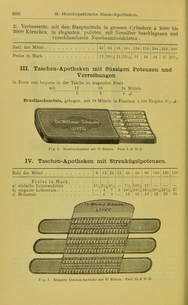 2) Verbesserte, mit den Hauptmitteln in grossen Cylindern ä 2000 bis 3000 Körnchen, in eleganten, polirten, mit Neusilber beschlagenen und verschliessbaren Nussbaumholzkästeu: Zahl der Mittel 43 64 88 104 134 153 204 252 300 Preise in Mark I2I16V2 21 251/2 31 40 48 57 671 2 in. Taschen-Apotheken mit flüssigen Potenzen und Verreibungen in Form von bequem in der Tasche zu tragenden Etuis mjt 12 18 24 Mitteln 6 8 9 Brusttaschenetuis, gebogen, mit 18 Mitteln in Flaschen a 100 Tropfen 81/2 u?. Fig. 4. Brasttaschenetui mit 18 Mitteln. Preis ?i Jl 5U ^> . IV. Taschen-Apotheken mit Streukügelpotenzen. Zahl der Mittel 6 12 24 32 40 60 80 100 120 150 Preise in Mark: c) Holzetuis IV2 4 6 41/0 7 9 9 71/0 101/2 12 101/2 131/, 16 13 161/, 19 191/, 22 221/2 25 27 30 Fig. 5. Elegante Taschen-Apotheke mit 60 Mitteln. Preis Ii Ji
