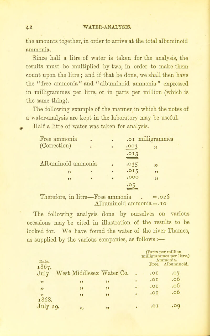 the amounts together, in order to arrive at the total albuminoid ammonia. Since half a litre of water is taken for the analysis, the results must be multiplied by two, in order to make them count upon the litre; and if that be done, we shall then have the  free ammonia and  albuminoid ammonia expressed in milligrammes per litre, or in parts per million (which is the same thing). The following example of the manner in which the notes of a water-analysis are kept in the laboratory may be useful. Half a litre of water was taken for analysis. Free ammonia (Correction) Albuminoid ammonia » .01 milhgramme3 •003 » .013 •03S .015 .000 » n •°5 Therefore, in litre—Free ammonia . =.026 Albuminoid ammonia =. 10 The following analysis done by ourselves on various occasions may be cited in illustration of the results to be looked for. We have found the water of the river Thames, as supplied by the various companies, as follows :— Date. 1867. July West Middlesex Water Co. >» 1868. July 29. »> >i >> (Parts per million milligrammes per litre.) Ammonia. Free. Albuminoid. .OI .OI .OI .OI .OI .07 .06 .06 .06 .09