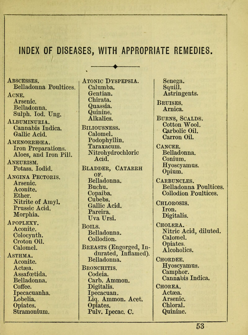 INDEX OF DISEASES, WITH APPROPRIATE REMEDIES. Abscesses. Belladonna Poultices. Acne. Arsenic. Belladonna. Sulph. Iod. Ung. Albuminuria. Cannabis Indica. Gallic Acid. Amenorrhcea. Iron Preparations. Aloes, and Iron Pill. Aneurism. Potass. Iodid. Angina Pectoris. Arsenic. Aconite. Ether. Nitrite of Amyl. Prussic Acid. Morphia. Apoplexy. Aconite. Colocynth. Croton Oil. Calomel. Asthma. Aconite. Actsea. Assafcetida. Belladonna. Coffee. Ipecacuanha. Lobelia. Opiates. Stramonium. Atonic Dyspepsia. Calumba. Gentian. Chirata. Quassia. Quinine. Alkalies. Biliousness. Calomel. Podophyllin. Taraxacum. Mtrohydrochloric Acid. Bladder, Catarrh of. Belladonna. Buchu. Copaiba. Cubebs. Gallic Acid. Pareira. Uva Ursi. Boils. Belladonna. Collodion. Breasts (Engorged, In- durated, Inflamed). Belladonna. Bronchitis. Codeia. Carb. Ammon. Digitalis. Ipecacuan. Liq. Ammon. Acet. Opiates. Pulv. Ipecac. C. Senega. Squill. Astringents. Bruises. Arnica. Burns, Scalds. Cotton Wool. Carbolic Oil. Carron Oil. Cancer. Belladonna. Conium. Hyoscyamus. Opium. Carbuncles. Belladonna Poultices. Collodion Poultices. Chlorosis. Iron. Digitalis. Cholera. JSTitric Acid, diluted. Calomel. Opiates. Alcoholics. Chordee. Hyoscyamus. Camphor. Cannabis Indica. Chorea. Actsea. Arsenic. Chloral. Quinine.