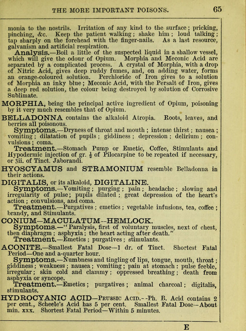 monia to the nostrils. Irritation of any kind to the surface; pricking, pinching, &c. Keep the patient walking; shake him ; loud talking; tap sharply on the forehead with the finger-nails. As a last resource, galvanism and artificial respiration. Analysis.—Boil a little of the suspected liquid in a shallow vessel, which will give the odour of Opium. Morphia and Meconic Acid are separated by a complicated process. A crystal of Morphia, with a drop of Nitric Acid, gives deep ruddy fumes, and, on adding water, forms an orange-coloured solution. Perchloride of Iron gives to a solution of Morphia an inky blue ; Meconic Acid, with the Persalt of Iron, gives a deep red solution, the colour being destroyed by solution of Corrosive Sublimate. MORPHIA, being the principal active ingredient of Opium, poisoning by it very much resembles that of Opium. BELLADONNA contains the alkaloid Atropia. Roots, leaves, and berries all poisonous. Symptoms.—Dryness of throat and mouth ; intense thirst; nausea ; vomiting ; dilatation of pupils ; giddiness ; depression ; delirium ; con- vulsions ; coma. Treatment.—Stomach Pump or Emetic, Coffee, Stimulants and Hypodermic injection of gr. £ of Pilocarpine to be repeated if necessary, or 3ii. of Tinct. Jaborandi. HYOSCYAMUS and STRAMONIUM resemble Belladonna in their actions. DIGITALIS, or its alkaloid, DIGITALINE. Symptoms.—Vomiting ; purging ; pain ; headache ; slowing and irregularity of pulse; pupils dilated ; great depression of the heart's action ; convulsions, and coma. Treatment.—Purgatives ; emetics ; vegetable infusions, tea, coffee ; brandy, and Stimulants. CONIUM—MACULATUM-HEMLOCK. Symptoms.—Paralysis, first of voluntary muscles, next of chest, then diaphragm ; asphyxia; the heart acting after death. Treatment.—Emetics ; purgatives ; stimulants. ACONITE.—Smallest Fatal Dose—1 dr. of Tinct. Shortest Fatal Period—One and a-quarter hour. Symptoms.—Numbness and tingling of lips, tongue, mouth, throat; giddiness; weakness ; nausea ; vomiting; pain at stomach : pulse feeble, irregular; skin cold and clammy; oppressed breathing; death from asphyxia or syncope. Treatment.—Emetics; purgatives; animal charcoal; digitalis, stimulants. HYDROCYANIC ACID—Peussic Acid.--Ph. B. Acid contains 2 per cent., Scheele's Acid has 5 per cent. Smallest Fatal Dose—About min. xxx. Shortest Fatal Period—Within 5 minutes. E