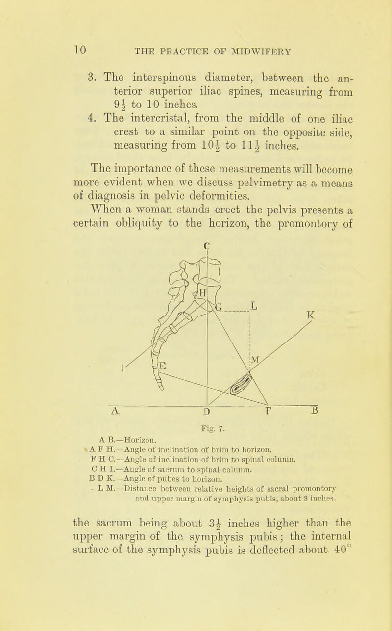 3. The interspinous diameter, between the an- terior superior iliac spines, measuring from 91 to 10 inches. 4. The intercristal, from the middle of one iliac crest to a similar point on the opposite side, measuring from 10| to 11| inches. The importance of these measurements will become more evident when we discuss pelvimetry as a means of diagnosis in pelvic deformities. When a woman stands erect the pelvis presents a certain obliquity to the horizon, the promontory of C i A. D F B Fig. 7. A B.—Horizon, i A F H.—Angle of inclination of brim to horizon. F H G.—Angle of inclination of brim to spinal column. C II I.—Angle of sacrum to spinal column. B D K.—Angle of pubes to horizon. L M.—Distance between relative heights of sacral promontory and upper margin of symphysis pubis, about 3 inches. the sacrum being about inches higher than the upper margin of the symphysis pubis; the internal surface of the symphysis pubis is deflected about 40°