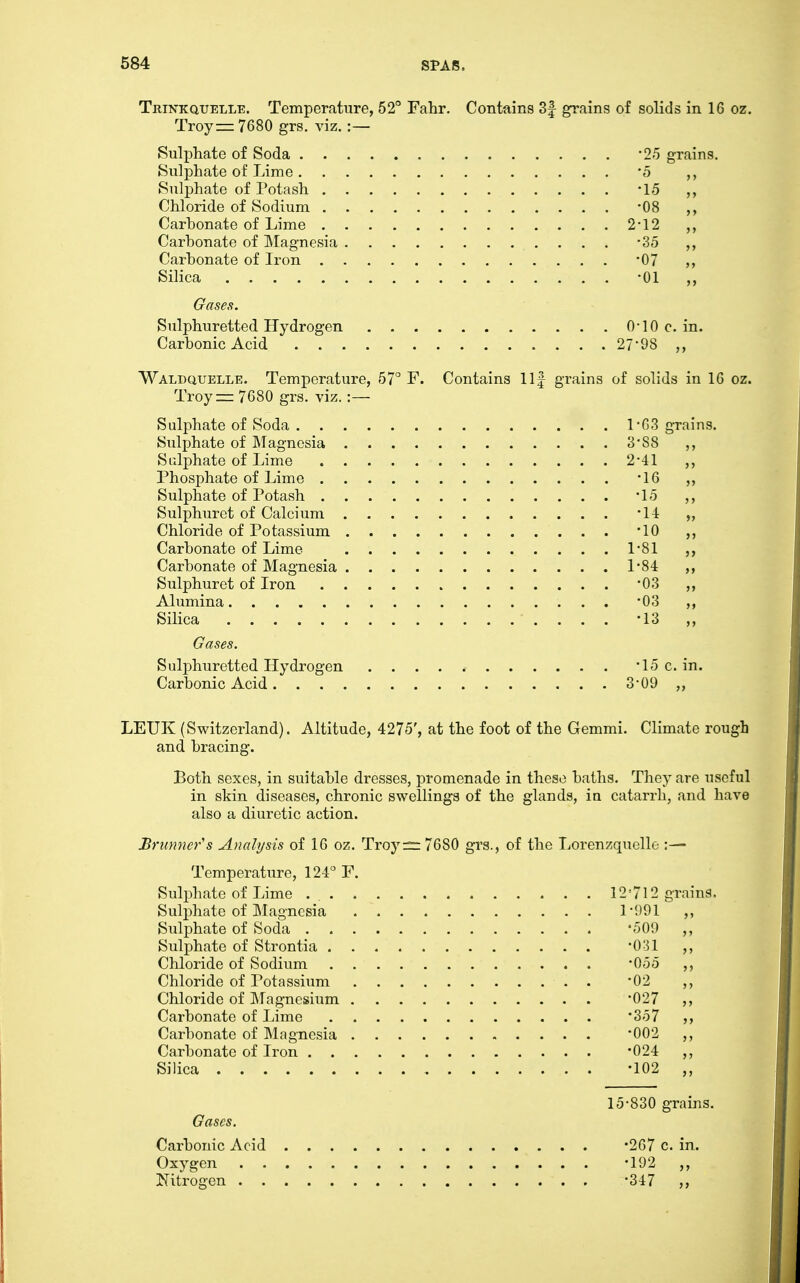 Trinkqitelle. Temperature, 52° Fahr. Contains 3| grains of solids in 16 oz. Troyrr:7680 grs. viz.:— Sulphate of Soda •25 grains. Sulphate of Lime '5 Sulphate of Potash '1,5 Chloride of Sodium -08 Carhonate of Lime 2*12 Carhonate of Magnesia -35 Carhonate of Iron •OJ Silica -01 Gases. Sulphuretted Hydrogen O'lO c. in. Carhonic Acid 27'98 ,, Waldquelle. Temperature, 57 F. Contains llf grains of solids in 16 oz. Troy=: 7680 grs. viz. :— Sulphate of Soda 1*63 grains. Sulphate of Magnesia 388 Sulphate of Lime 2-41 Phosphate of Lime •16 Sulphate of Potash '15 Sulphuret of Calcium '14 „ Chloride of Potassium '10 Carhonate of Lime 1'81 ,, Carhonate of Magnesia 1'84 ,, Sulphuret of Iron ^03 ,, Alumina -03 Silica '13 Gases. Sulphuretted Hydrogen -15 c. in. Carhonic Acid 3-09,, LEUK (Switzerland). Altitude, 4275', at the foot of the Gemmi. Climate rough and hracing. Both sexes, in suitahle dresses, promenade in these haths. They are useful in skin diseases, chronic swellings of the glands, in catarrh, and have also a diuretic action. Briimier''s Analysis of 16 oz. Troy:^ 7680 grs., of the Lorenzquelle :— Temperature, 124 F. Sulphate of Lime 12712 grains. Sulphate of Magnesia ri)91 ,, Sulphate of Soda '509 ,, Sulphate of Strontia 'OSl Chloride of Sodium 'Ooo ,, Chloride of Potassium '02 ,, Chloride of IMagncsium '027 ,, Carhonate of Lime '307 ,, Carhonate of Magnesia 002 ,, Carhonate of Iron '024 ,, Silica -102 „ 15-830 grains. Gases. Carhonic Acid -267 c. in. Oxygen -192 „ Nitrogen -347 „