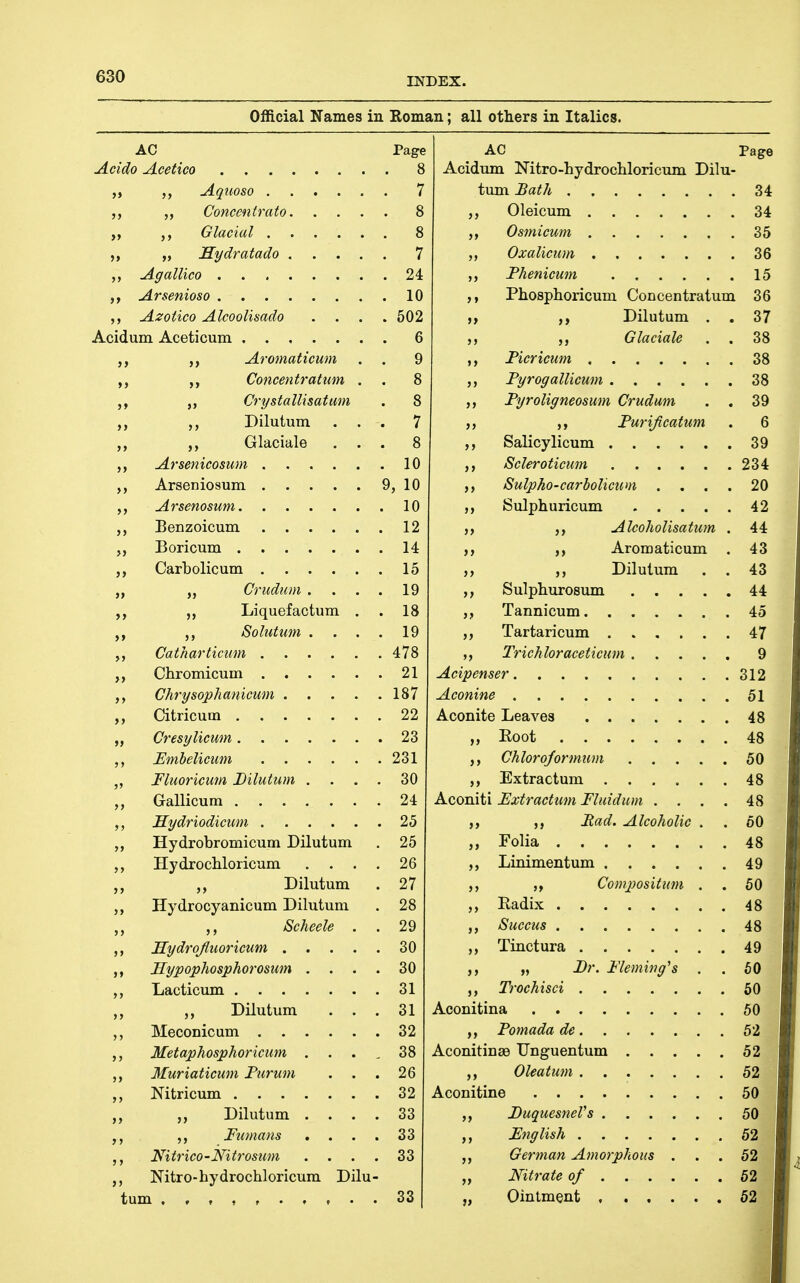 Official Names in Homau; all others in Italics. AC Page Acido Acetico 8 Aquoso 7 Concentrato 8 Glacial 8 „ Sydratado 7 Agallico 24 Arsenioso 10 Azotico Alcoolisado .... 502 Acidum Aceticum 6 Aromaticum . . 9 Concentratum . . 8 Crystallisatum . 8 Dilutum ... 7 ,, Glaciale ... 8 Arsenicosum 10 Arseniosum 9, 10 Arsenosum 10 Benzoicum 12 „ Boricum 14 Carbolic um 15 „ „ Crudum .... 19 ,, Liquefactum . . 18 Solutum .... 19 Catharticum 478 Chromicum 21 Chrysophanicum 187 „ Citricum 22 „ Cresylicum 23 Emhelicum 231 „ Fluoricum Dilutum .... 30 „ Gallicum 24 Hydriodicum 25 Hydrobromicum Dilutum . 25 Hydrochloricum .... 26 „ Dilutum . 27 Hydrocyanicum Dilutum . 28 Scheele . . 29 ,, Hydrojluoricum 30 Hypophosphorosum .... 30 Lacticum 31 „ „ Dilutum ... 31 Meconicum 32 Metaphosphoricum . . . , 38 Jfuriaticum Puruni . . .26 Nitricum 32 Dilutum .... 33 Fumans , . . . 33 Nitrico-Nitrosum .... 33 Nitro-hydrochloricum Dilu- tum 33 AC Page Acidum Nitro-hydrochloricum Dilu- tum Bath 34 Oleicum 34 Osmicum 35 Oxalicum 36 Fhenicum 15 Phosphoricum Concentratum 36 ,y ,, Dilutum . . 37 Glaciale . . 38 Ficricum 38 Fyrogallicum 38 ,, Fyroligneosum Crudum . . 39 J, Furijicatum . 6 Salicylicum 39 Scleroticwn 234 Sulpho-carbolicuni .... 20 Sulphuricum 42 ,, Alcoholisatum . 44 ,, Aromaticum . 43 ,, Dilutum . . 43 ,, Sulphurosum 44 Tannicum 45 Tartaricum 47 Trichloraceticum 9 Acipenser 312 Aconine 51 Aconite Leaves 48 ,, Eoot 48 ,, Ghlorqformum 50 Extractum 48 Aconiti Fxtracttim Fluiduin .... 48 ,, Fad. Alcoholic . . 60 Folia 48 Linimentum 49 ,, Compiositum . . 50 Radix 48 Succus 48 ,, Tinctura 49 „ Fr. Fleming's . . 50 ,, Trochisci 60 Aconitina 50 Fomada de 62 Aconitin89 XJnguentum 52 Oleatum 52 Aconitine 50 FuquesneVs 50 ,, English 52 German Amorphous ... 52 Nitrate of 62 „ Ointment 52