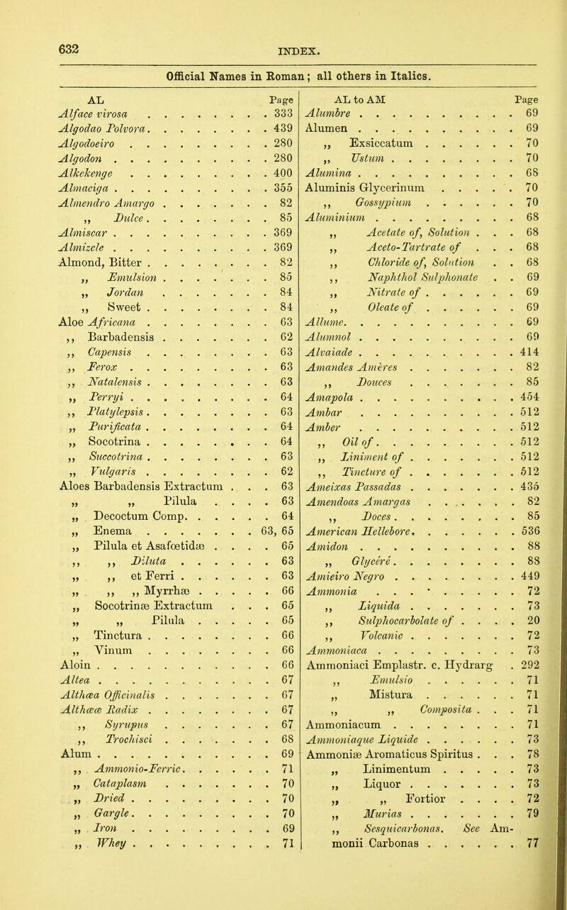 Official Names in Roman; all others in Italics. AL Page Alface virosa 333 Algodao Folvora 439 Algodoeiro 280 Algodon 280 Alkekenge 400 Almaciga 355 Almendro Amargo 82 „ Duke 85 Almiscar 369 Ahnizcle 369 Almond, Bitter 82 Emulsion 85 „ Jordan 84 Sweet 84 Aloe Africana 63 Barbadensis 62 Capensis 63 „ Ferox 63 Natalensis 63 „ Ferrgi 64 Flatylepsis 63 „ Furificata 64 „ Socotrina 64 Succotrina 63 „ Vulgaris 62 Aloes Barbadensis Extractum ... 63 „ „ Pilula .... 63 „ Decoctum Comp 64 „ Enema 63, 65 „ Pilula et AsafoetidiB .... 65 ,, Diluta 63 „ et Ferri 63 „ ,, ,, Myrrhge 66 „ Socotrinse Extractum ... 65 „ „ Pilula 65 „ Tinctura 66 „ Vinum 66 Aloin 66 AUea 67 Althcea Officinalis 67 Althcece Radix 67 Srjrupus 67 Trochisci 68 Alum 69 Ammonio-Ferric 71 „ Cataplasm 70 „ Fried 70 „ Gargle 70 „ Iron 69 „ Whey 71 AL to AM Page Alumbre 69 Alumen 69 „ Exsiccatum 70 „ Vstum 70 Alumina 68 Aluminis Glycerinum 70 ,, Gossypium 70 Aluminium 68 Acetate of, Solutio)i ... 68 ,, Aceto-Tartrate of . . . 68 ,, Chloride of, Solution . . 68 ,, Naphthol Sulphonate . . 69 „ Nitrate of 69 ,, Oleate of 69 Allume 69 Alumnol 69 Alvaiade . .414 Amandes Ameres 82 Fauces 85 Amapola 454 Ambar 512 Amber 512 Oil of 512 ,, Liniment of 512 Tincture of 512 Ameixas Fassadas 435 Amendoas Amargas ....... 82 ,, Foces 85 American Hellebore 536 Amidon 88 „ Glycere 88 Amieiro Negro 449 Ammonia ... * 72 ,, Liquida 73 ,, Sulphocarbolate o/ .... 20 ,, Volcanic 72 Ammoniaca 73 Ammoniaci Emplastr. c, Hydrarg . 292 Emulsio 71 „ Mistura 71 ,, Composita ... 71 Aramoniacum 71 Ammoniaque Liquide 73 Ammonise Aromaticus Spiritus ... 78 „ Linimentum 73 „ Liquor 73 „ „ Fortior .... 72 Murias 79 ,, Sesquicarbonas. Sec Am- monii Carbonas 77