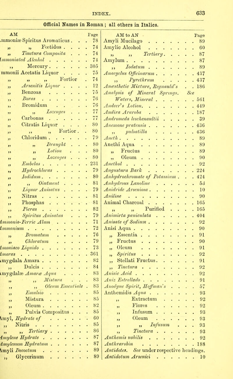 Official Names in Roman ; all others in Italics. AM rage Linmonise Spiritus Aromaliens . . . 78 „ „ Fcx3tidu8 .... 74 „ Tinctura Compof>ita ... 74 immoniatcd Alcohol 74 Mercury 305 mmonii Acetatis Liquor . . . . 75 „ „ „ Fortior . 74 Arsenitis Liquor . . . . 12 Benzoas 75 Boras 76 Bromidum . . . , 76 ,, Lozenge ... 77 Carbonas 77 ,j Citratis Liquor . . . . 80 „ Fortior. . 80 „ Chloridum 79 „ „ Draught ... 80 „ Lotion ... 80 „ Lozenges . . . 80 Emhelas 231 „ Hydrochloras 79 „ lodidum 80 „ Ointment .... 81 Liquor Anisatus .... 79 ,, Nitras 81 Phosphas 81 Ficras 82 Spiritiis Anisatus ... 79 immonio-Ferric Alum 71 immonium 72 Bromatum 76 Chloratuni 79 imoniaco Liquido 73 imoras 361 Linygdala Amara 82 ,, Dulcis 84 Lmygdalae Amarce Aqua .... 83 „ Mistura . . . 83 Oleum Essenfiale . 83 Emulsio 85 Mistura 85 Oleum 82 „ Fulvis Compositus ... 85 \.myl, Hydrate of 60 Nitris 85 „ Tertiary 86 dmylene Hydrate 87 dmylenum Hydratum 87 \.myli Fecoctum 89 Glycerinum 89 AM to AN Page Amyli Mucilago 89 Amylic Alcohol 60 „ ,, Tertiary 87 Amyluna 87 Fodatum 89 Anacyclus Officinarum 437 ,, Fyrethrum 437 Ancpsthetic Mixture, Fegnaulds . . 186 Analysis of Mineral Springs. See JFaters, Mineral 561 Andeer^s Lotion 449 Andira Araroba 187 Andromeda leschenaultii . . » . . 39 Anemone jjratensis 436 Pulsatilla 436 Aneth 89 Anethi Aqua 89 „ Fructus 89 „ Oleum 90 Anethol 92 Angustura Bark 224 Anhydrochromate of Fotassium . . .424 Anhydrous Lanoline 53 Anidride Arseniosa 10 Aniline 90 Animal Charcoal 165 „ „ Purified .... 105 Animirta paniculata 404 Anisate of Sodium 92 Anisi Aqua 90 „ Essentia 91 „ Fructus 90 „ Oleum 91 „ Spiritus 92 Stellati Fructus 91 Tinctura 92 Anisic Acid 92 Aniz Estrellado 91 Anodyne Spirit, Hoffman's .... 57 Anthemidis Aqua 93 ,, Extractum 92 „ Flores 92 Infusum 93 ,, Oleum 93 „ „ Lnft(sum . . . 93 Tinctura 93 Anthemis nobilis 92 Anthrarobin 188 Antidotes. See under respective headings. Antidotum Arsenici 10