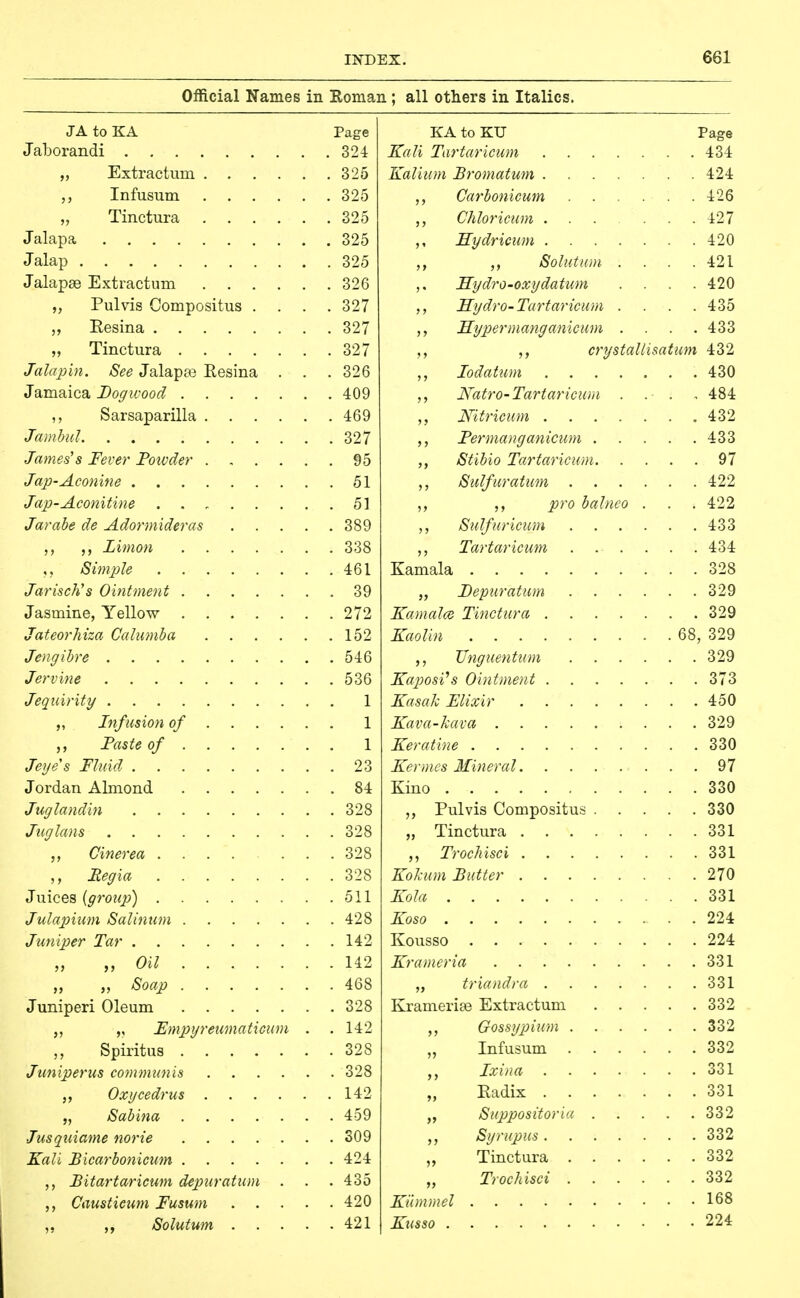 Official Names in Roman ; all others in Italics. JA to KA Page Jaborandi 324 „ Extractum 325 Infusum 325 „ Tinctura 325 Jalapa 325 Jalap 325 Jalapse Extractum 326 „ Pulvis Compositus .... 327 Eesina 327 „ Tinctura 327 Jalap'm. See Jalapaa Eesina . . . 326 Jamaica Dogwood 409 ,, Sarsaparilla 469 Jambul 327 James's Fever Foivder 95 Jap-Aconine 51 Jap-Aconitine . . , 51 Jarabe de Adormideras 389 Limon 338 Simple 461 Jarisch's Ointment 39 Jasmine, Yellow 272 Jateorhiza Calumba 152 Jenrjibre 546 Jervine 536 Jequir'xty 1 ,, Infusion of 1 Faste of 1 Jeijes Fluid 23 Jordan Almond 84 Juglandin 328 Juglans 328 Cinerea 328 ,, Fegia 328 Juices [group) 511 Julapium Salinum 428 Juniper Tar 142 „ „ Oil 142 Soap 468 Juniperi Oleum 328 „ Emjyyreumaticum . . 142 Spiritus 328 Juniperus communis 328 Oxycedrus 142 „ Sabina 459 Jusquiame norie 309 Kali Bicarbonicum 424 Bitartaricum depuratum . . .435 Causticum Fusum 420 ,, ,, Solutum 421 KA to KU Page Kali Tartaricum 434 Kalium Bromatum 424 Carbonicum 426 Chloricum 427 ,, Sydricum 420 Solutum . . . .421 Hydro-oxy datum . . . .420 Hydro-Tartaricum .... 435 Hyper many anicum .... 433 ,, crystallisatum 432 lodatum 430 Natro-Tartaricum . .- . , 484 Nitricum 432 Fermang anicum 433 Stibio Tartaricum 97 Sulfuratum 422 ,, pro balneo . . . 422 Sulfuricum 433 Tartaricum 434 Kamala 328 „ Depuratum 329 Kamalce Tinctura 329 Kaolin 68, 329 Vnguentmn 329 Kaposi''s Ointment 373 Kasah Elixir 450 Kava-kava 329 Keratine 330 Kermcs Mineral 97 Kino 330 Pulvis Compositus 330 „ Tinctura 331 Trochisci 331 KoJcum Butter 270 Kola 331 Koso 224 Kousso 224 Krameria 331 „ triandra 331 Kramerise Extractum 332 ,, Gossypium 332 „ Infusum 332 Ixina 331 Eadix 331 „ Suppositoria 332 ,, Syrupus 332 „ Tinctura 332 Trochisci 332 Kiimmel 168 Kusso 224