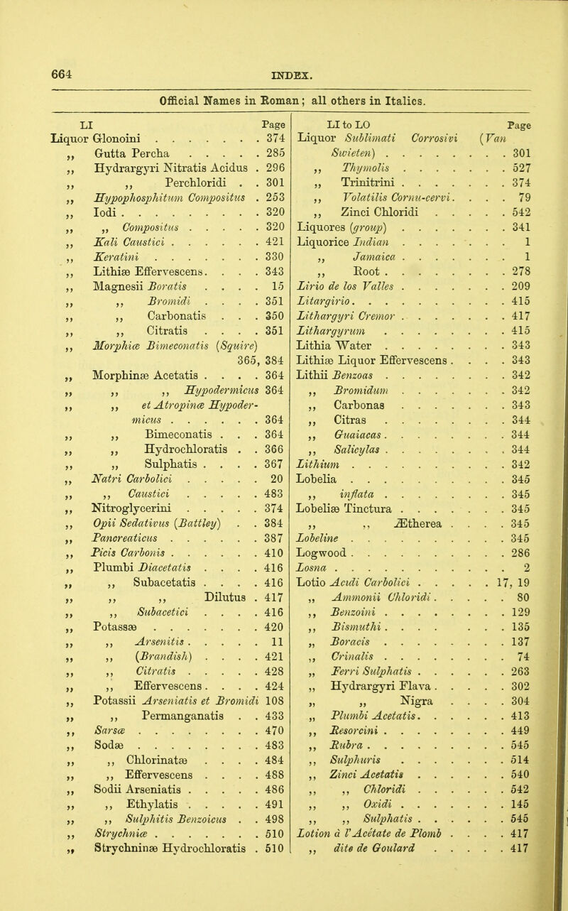 Official Names in Eoman; all others in Italics. LI Page Page 374 Li(ju.or Subliiuciti CoTTOsivi (Van ZoO >> Hydrargyri Nitratis Acidus . 9Qfi )> Perchloridi , . 301 374 >» Hypophosphitmn Compositus . 253 T^olcitilis (Jo7''}iti'C6y''vi» I y >> lodi 320 542 tt 320 >> 421 \ 5) oou 1 J) Lithise Effervescens. . . . 343 278 Magnesii Boratis . . . . 15 HP 7/1 o 1/ nil 209 >> Bromidi . . . . 351 415 >> Carbonatis . , . 350 A^ 7 >> Citratis . . . . 351 415 >> Morphi(e Bimeeonatis {Squire) 343 365, 384 j-JitiiictJ J_iiL£U.ux j-jiJ.t;i V cobt/iio • 343 )f Morphinse Acetatis .... 364 342 >> ,, Hypodermicus 364 342 >> ,, et Atropines Sypoder- i; CI T* n An Q Q 343 364 >> Bimeeonatis . . . 364 >> ,, Hydrochloratis . . 366 )f „ Sulpliatis .... 367 Q/iO >> 20 >> 483 >> Nitroglycerini 374 Qzi 5> Opii Sedativus [Battley) 384 . oto >> 387 »> Ficis Garbonis 410 »> Plumbi Diacetatis .... 416 9 >l Subacetatis . . . . 416 17 19 >> Dilutus . 417 fin )} Subacetici . . . . 416 129 >> 420 yy Sis)}mtJii .... . 160 >> 11 1 'i.l )> {Brandish) . . . . 421 1 A. >> 428 t> Effervescens. . . . 424 '?n9 )) Potassii Arseniatis et Bromidi 108 „ „ xMgra if ,, Permanganatis . . 433 J> Sarsce 470 /I /< Q Sodse 483 Buhvd . 545 >> J, Chlorinatse . . . . 484 . . 514 »> ,, Effervescens . . . . 488 540 >> 486 . , 542 >> ,, Ethylatis 491 . . 145 >> SulpMtis Benzoicus . 498 . . .545 >> StrychnicB 510 Lotion d VAcetate de Flomb . . . 417 >f Strycbninae Hydrochloratis . 610 . . 417