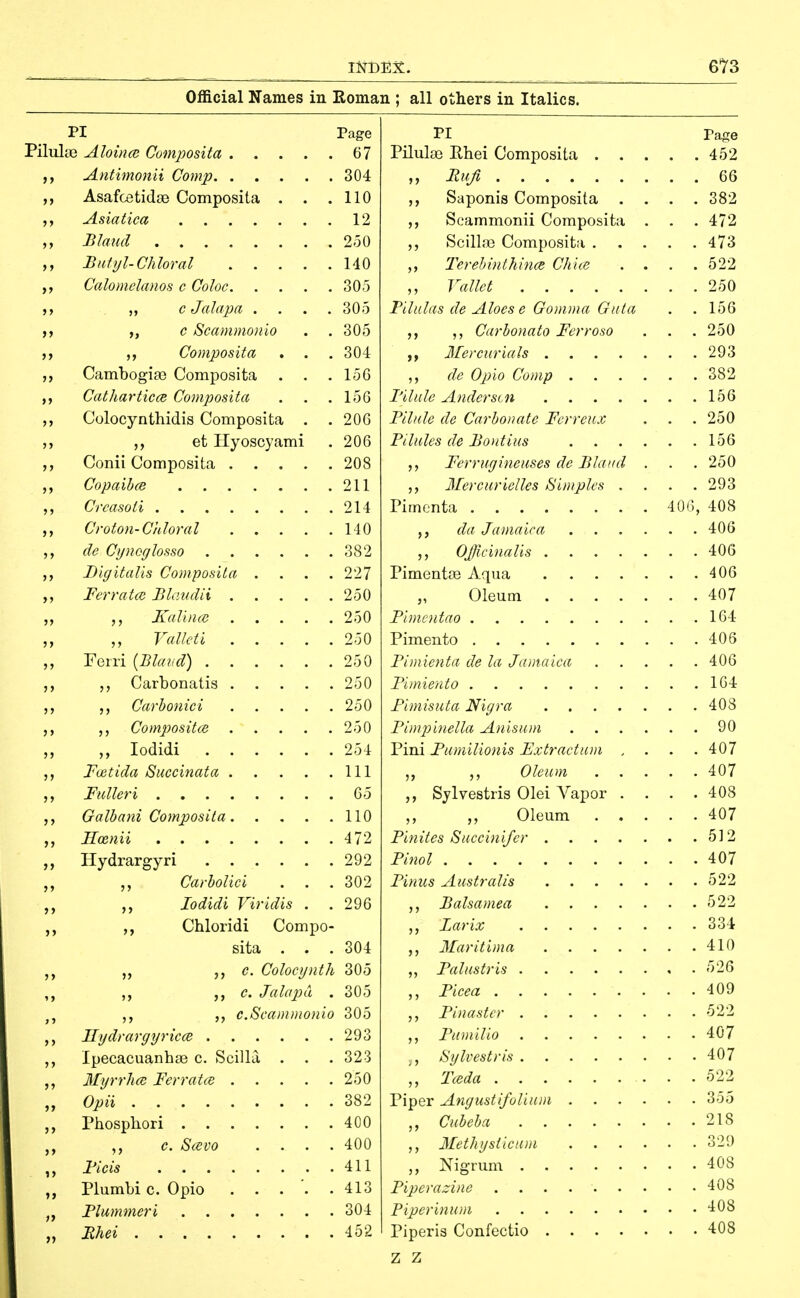 Official Names in Roman ; all others in Italics. PI Page Pilulie Aloincd Composita 67 ,, Antxmonii Comp 304 Asafcetidse Composita . . .110 Asiatica 12 Bland 250 ,, Bui 1)1-Chloral 140 Calomelanos c Coloc 305 „ c Jalapa .... 305 „ c Scammonio . . 305 ,, Composita . . . 304 Cambogise Composita . . .156 ,, Catharticce Composita . . . 156 Colocynthidis Composita . .206 et Ilyoscyami . 206 Conii Composita 208 Copaihce 211 Crcasoti 214 ,, Croton-Chloral 140 de Cyncglosso 382 Digitalis Composita .... 227 Ferratce Blaudii 250 Judina 250 Valleti 250 Feiri {Bland) 250 Carbonatis 250 5, Carbonici 250 J, Compositce. 250 5, lodidi 254 Fmtida Succinata Ill Ficlleri 65 Galbani Composita 110 Hoenii 472 Ilydrargyri 292 Carholici . . .302 ,, lodidi Viridis . . 296 Chloridi Compo- sita . . .304 c. Colocijnth 305 ,, ,, c. Jalapa . 305 J, c.Scammonio 305 Ilydrargyricce 293 ,, Ipecacuanhaj c. Scilla . . . 323 Myrrlm Ferratce 250 „ Opii 382 Phospliori 400 ,, c. Sicvo .... 400 ,, Bids 411 Plumbi c. Opio ..... 413 Blummeri 304 „ Ehei 452 PI Page Pilula) Ehei Composita 452 ,, Euji 66 ,, Saponis Composita .... 382 Scammonii Composita . . . 472 Scill.'X3 Composita 473 Terehinthince Chite . . . .522 Vallct 250 Bilulas de Aloes e Gomma Gala . . 156 Carbonato Ferroso . . . 250 Mercurials 293 ,, de Opio Comp 382 Bilule Andersen 156 Bilale de Carbonate Ferrenx . . . 250 Filules de Boutins 156 Ferrugineuses de Bland . . . 250 llercurielles Simples .... 293 Pirncnta 40G, 408 da Jamaica 406 Officinalis 406 Pimentae Aqua 406 „ Oleum 407 Bimcntao 164 Pimento 406 Bimienta de la Jamaica 406 Bimiento 164 Bimisuta Nigra 408 Bimpinella Anisum 90 Pini Bumilionis Extract am . . . .407 Oleum 407 Sylvestris Olei Vapor .... 408 Oleum 407 Binites Succinifcr 512 Binol 407 Binus Australis 522 Balsa mea 522 Larix 334 Maritima 410 ,, Balustris 526 Bicea 409 Binastcr 522 Bamllio 407 Sylvestris 407 '„ Tceda 522 Piper A?igustifoliam 355 „ Cubeba 218 Ifethysticum 329 Nigrum 408 Biperazine 408 Bipcrinii))i 408 Piperis Confectio 408 z z