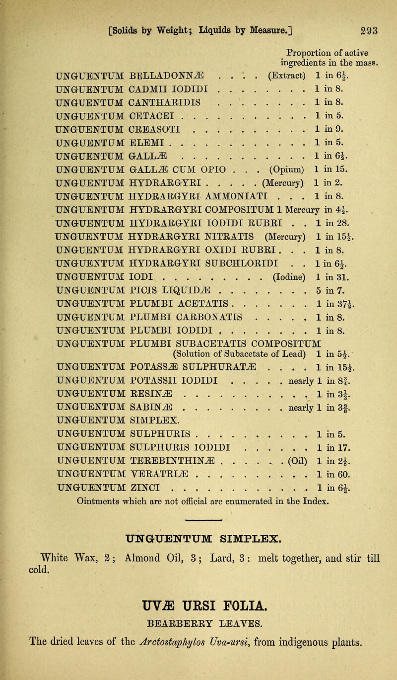 Proportion of active ingredients in the mass. UNaUENTUM BELLADONNA .... (Extract) 1 in 6^. UNaUENTUM CADMII lODIDI 1 in 8. UNGUENTUM CANTHAHIDIS 1 in 8. UNGUENTUM CETACEI 1 in 5. UNGUENTUM CREASOTI 1 in 9. UNGUENTUM ELEMI 1 in 5. UNGUENTUM GALLA 1 in 6^. UNGUENTUM GAhLM CUM OPIO . . . (Opium) 1 in 15. UNGUENTUM HYDRAEGYEI (Mercury) 1 in 2. UNGUENTUM HYDEAHGYRI AMMONIATI . . . 1 in 8. UNGUENTUM HYDRAEGYRI COMPOSITUM 1 Mercury in 4^. UNGUENTUM HYDRARGYRI lODIDI RUBRI . . 1 in 28. UNGUENTUM HYDRARGYRI NITRATIS (Mercury) 1 in 15i. UNGUENTUM HYDRARGYRI OXIDI RUBRI. . . 1 in 8. UNGUENTUM HYDRARGYRI SUBOHLORIDI . . 1 in 6^. UNGUENTUM lODI (Iodine) 1 in 31. UNGUENTUM PICIS LIQUIDS 5 in 7. UNGUENTUM PLUMBI ACETATIS 1 in 374. UNGUENTUM PLUMBI CARBONATIS 1 in 8. UNGUENTUM PLUMBI lODIDI 1 in 8. UNGUENTUM PLUMBI SUBACETATIS COMPOSITUM (Solution of Subacetate of Lead) 1 in 5^. UNGUENTUM POTASS^ SULPHURATE .... 1 in 15i UNGUENTUM POTASSII lODIDI nearly 1 in 8f. UNGUENTUM RESINA 1 in 3J. UNGUENTUM SABINE nearly 1 in 3f. UNGUENTUM SIMPLEX. UNGUENTUM SULPHURIS 1 in 5. UNGUENTUM SULPHURIS lODIDI 1 in 17. UNGUENTUM TEREBINTHINE ...... (Oil) 1 in 2^. UNGUENTUM YERATRIE 1 in 60. UNGUENTUM ZINCI 1 in 6|. Ointments which are not official are enumerated in the Index. UNGUENTUM SIMPLEX. White Wax, 2; Almond Oil, 3; Lard, 3 : melt together, and stir till cold. UV^ URSI FOLIA. BEARBERRY LEAVES. The dried leaves of the Arctostaphylos Uva-ursi, from indigenous plants.