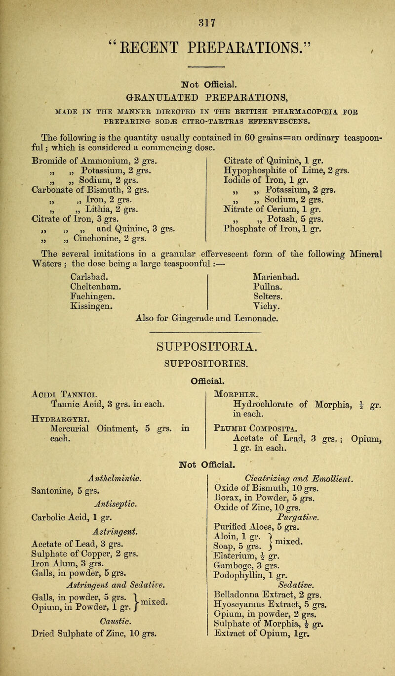 EBCENT PREPAEATIONS. Kot Official. GEANULATED PREPARATIONS, MADE IN THE MANNER DIRECTED IN THE BRITISH PHARMACOPCEIA FOE PREPARING SOD^ GITRO-TARTRAS EEEERVESCENS. The following is the quantity usually contained in 60 grains=an ordinary teaspoon- ful; which is considered a commencing dose. Citrate of Quinine, 1 gr. Hypophosphite of Lime, 2 grs. Iodide of Iron, 1 gr. „ „ Potassium, 2 grs. „ „ Sodium, 2 grs. Nitrate of Cerium, 1 gr. „ „ Potash, 5 grs. Phosphate of Iron, 1 gr. Bromide of Ammonium, 2 grs. „ „ Potassium, 2 grs. „ Sodium, 2 grs. Carbonate of Bismuth, 2 grs. „ „ Iron, 2 grs. „ „ Lithia, 2 grs. Citrate of Iron, 3 grs. „ „ and Quinine, 3 grs. „ „ Cinchonine, 2 grs. The several imitations in a granular effervescent form of the following Mineral Waters ; the dose being a large teaspoonful:— Carlsbad. Marienbad. Cheltenham. PuUna. Fachingen. Selters. Kissingen. - Yichy. Also for Gringerade and Lemonade. SUPPOSITORIA. SUPPOSITORIES. AciDi Tannici. Tannic Acid, 3 grs. in each. Hydrargyri. Mercurial Ointment, 5 grs. each. Anthelmintic. Santonine, 5 grs. Antiseptic. Carbolic Acid, 1 gr. Acetate of Lead, 3 grs. Sulphate of Copper, 2 grs. Iron Alum, 3 grs. G-alls, in powder, 5 grs. Astringent and Sedative. Galls, in powder, 5 grs. 1 Opium, m Powder, 1 gr. J Caustic. Dried Sulphate of Zinc, 10 grs. Oflacial. Morphia. Hydrochlorate of Morphia, i gr. in each. Plumbi Composita. Acetate of Lead, 3 grs, 1 gr. in each. Opium, Wot Official. mixed. Cicatrizing and JEmollient. Oxide of Bismuth, 10 grs. Borax, in Powder, 5 grs. Oxide of Zinc, 10 grs. Purgative. Purified Aloes, 5 grs. Aloin, 1 gr. Soap, 5 grs. Elaterium, ^ gr. Gamboge, 3 grs. Podophyllin, 1 gr. Sedative. Belladonna Extract, 2 grs. Hyoscyamus Extract, 5 grs. Opium, in powder, 2 grs. Sulphate of Morphia, ^ gr. Extract of Opium, Igr.