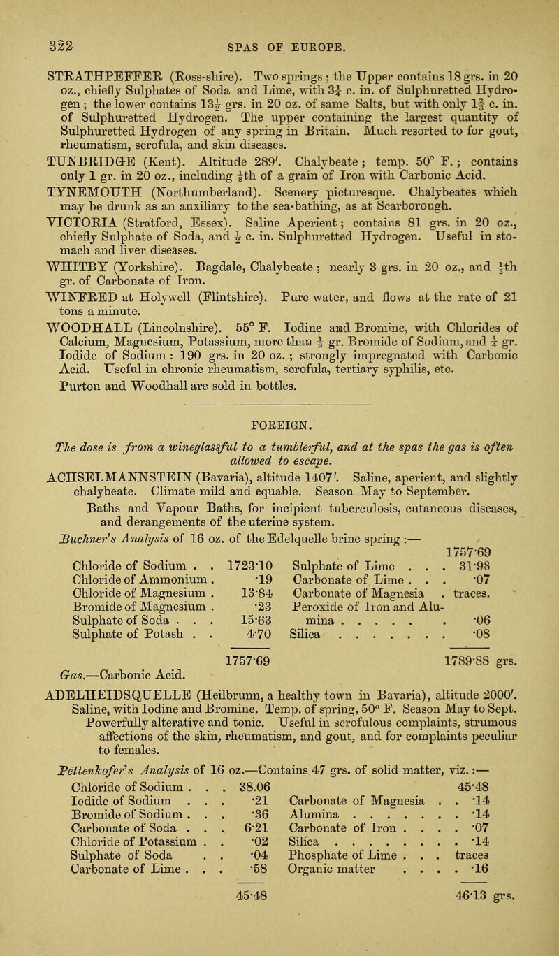 STRATHPEFFER (Ross-sliire). Two springs ; the Upper contains 18 grs. in 20 oz., chiefly Sulphates of Soda and Lime, with 3^ c. in. of Sulphuretted Hydro- gen ; the lower contains IS^- grs. in 20 oz. of same Salts, but with only If c. in. of Sulphuretted Hydrogen. The upper containing the largest quantity of Sulphuretted Hydrogen of any spring in Britain. Much resorted to for gout, rheumatism, scrofula, and skin diseases. TTJNBRIDaE (Kent). Altitude 289'. Chalybeate; temp. 50° F. ; contains only 1 gr. in 20 oz., including |th of a grain of Iron with Carbonic Acid. TYNEMOTITH (Northumberland). Scenery picturesque. Chalybeates which may be drunk as an auxiliary to the sea-bathing, as at Scarborough. VICTORIA (Stratford, Essex). Saline Aperient; contains 81 grs. in 20 oz., chiefly Sulphate of Soda, and ^ c. in. Sulphuretted Hydrogen. Useful in sto- mach and liver diseases. WHITBY (Yorkshire). Bagdale, Chalybeate; nearly 3 grs. in 20 oz., and ^th gr. of Carbonate of Iron. WINFRED at Holywell (Flintshire). Pure water, and flows at the rate of 21 tons a minute. WOODHALL (Lincolnshire). 55° F. Iodine amd Bromine, with Chlorides of Calcium, Magnesium, Potassium, more than ^ gr. Bromide of Sodium, and i gr. Iodide of Sodium : 190 grs. in 20 oz. ; strongly impregnated with Carbonic Acid. Useful in chronic rheumatism, scrofula, tertiary syphilis, etc. Purton and Woodhall are sold in bottles. FOREIGN. The dose is from a wineglassful to a tumblerful, and at the spas the gas is often allowed to escape. ACHSELMANNSTEIN (Bavaria), altitude 1407'. Saline, aperient, and shghtly chalybeate. Climate mild and equable. Season May to September. Baths and Vapour Baths, for incipient tuberculosis, cutaneous diseases, and derangements of the uterine system. jBuchner's Analysis of 16 oz. of theEdelquelle brine spring :— 1757-69 Chloride of Sodium . . l723-]0 Sulphate of Lime . . . 31-98 Chloride of Ammonium . '19 Carbonate of Lime . . . '07 Chloride of Magnesium . 13-84 Carbonate of Magnesia . traces. Bromide of Magnesium . '23 Peroxide of Iron and Alu- Sulphate of Soda . . . 15-63 mina . 06 Sulphate of Potash . . 4*70 Silica '08 1757-69 1789-88 grs. Gas.—Carbonic Acid. ADELHEIDSQUELLE (Heilbrunn, a healthy town in Bavaria), altitude 2000'. Saline, with Iodine and Bromine. Temp, of spring, 50 F. Season May to Sept. Powerfully alterative and tonic. Useful in scrofulous complaints, strumous affections of the skin, rheumatism, and gout, and for complaints peculiar to females. FettenTcofer s Analysis of 16 oz.—Contains 47 grs. of solid matter, viz.:— Chloride of Sodium . . . 38.06 45-48 Iodide of Sodium . . •21 Carbonate of Magnesia . -14 Bromide of Sodium . . •36 . •u Carbonate of Soda . . . 6-21 Carbonate of Iron . . . -07 Chloride of Potassium . -02 . •M Sulphate of Soda •04 Phosphate of Lime . . . traces Carbonate of Lime . . •58 Organic matter . . . . ^16 45-48 46-13 gr
