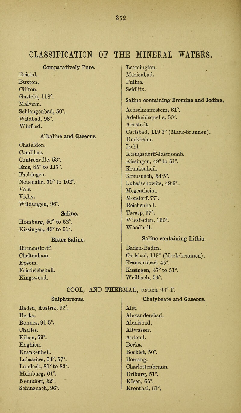 CLASSIFICATION OF Comparatively Pure. Bristol. Buxton. Clifton. G-astein, 118°. Malvern. Schlangenbad, 50°. Wildbad, 98°. Winfred. Alkaline and Graseons, Chateldon. Condillac. Contrexville, 53°. Ems, 85° to 117°. Fachingen. Neuenahr, 70° to 102°. Vals. yichy. Wildungen, 96°. Saline. Homburg, 50° to 52°. Kissingen, 49° to 51°. Bitter Saline. Birmenstorff. Cheltenham. Epsom. Friedrichshall. Kingswood. COOL, AND Sulphureous. Baden, Austria, 92°. Berka. Bonnes, 91*5*'. Challes. Eilsen, 59°. Enghien. Krankenheil. Labassere, 54°, 57°. Landeck, 81° to 83°. Meinburg, 61°. Nenndorf, 52°. Schinznach, 96°. THE MINERAL WATERS. Leamington. Marienbad. PuUna. SeidKtz. Saline containing Bromine and Iodine. Achselmannstein, 61°. Adelheidsquelle, 50°. Arnstadii. Carlsbad, 119-3° (Mark-brunnen). Durkheim. Ischl. Kcenigsdorff-Jastrzemb. Kissingen, 49° to 51°. Krankenheil. Kreuznach, 54*5°. Luhatschowitz, 48'6°. Megentheim. Mondorf, 77°. Eeichenhall. Tarasp, 37°. Wiesbaden, 160°. WoodhaU. Saline containing Lithia. Baden-Baden. Carlsbad, 119° (Mark-brunnen). Franzensbad, 45°. Kissingen, 47° to 51°. Weilbaeh, 54°. THEEMAL, undee 98° F. Chalybeate and Gaseous. Alet. Alexandersbad. Alexisbad. Altwasser. Auteuil. Berka. Booklet, 50°. Bossang. Charlottenbrunn. Driburg, 51°. Kosen, 65°. Kronthal, 61°,