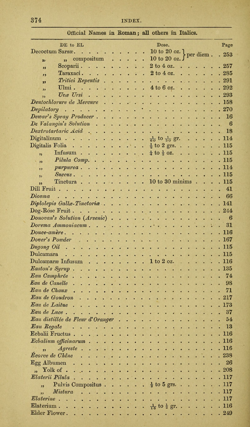 Official Names in Roman; all others in Italics. DE to EL Dose. Page Decoctum Sarsse 10 to 20 oz. 1 ,. > per diem . . 253 „ „ compositum 10 to 20 oz. J „ Scoparii 2 to 4 oz 257 Taraxaci 2 to 4 oz 285 „ Tritici Rejpentis 291 Ulmi 4 to 6 oz 292 „ JJvce JJrsi 293 DeutocMorure de Mercure 158 Depilatory * 270 Dewar's Spray Producer .16 De Valangin's Solution 6 Dextrotartaric Acid 18 Digitalinum to ^ gr 114 Digitalis Folia • . . -I to 2 grs 115 „ Infusum i to f oz 115 „ Pilula Comp 115 „ purpurea 114 „ Succus 115 „ Tinctura 10 to 30 minims . . . .115 Dill Fruit 41 Diosma 66 Diplolepis Galla-Tinctorice 141 Dog-Eose Fruit 244 Donovan^s Solution {Arsenic) 6 Dorema Ammoniacum • . '. . 31 Douce-amere 116 Dover's Powder 167 Dugong Oil 115 Dulcamara 115 Dulcamarse Infusum 1 to 2 oz. . 116 Haston's Syrup 135 ^au CampJwee 74 Eau de Oanelle 98 ^Eau de Chaux 71 Uau de Goudron 217 Eau de Laitue 173 Uau de Luce - 37 Eau disfillee de Fleur d'Granger 54 Eau Regale 13 Ecbalii Fructus 116 Echalium officinarum 116 „ Agreste 116 i^corce de QUne \ . . 238 Egg Albumen 26 „ Yolk of . . 208 Elaterii Pilula 117 „ Pulvis Compositus i to 5 grs 117 „ Mistura 117 Elaterine 117 Elaterium . . to i gr 116 Elder Flower 249