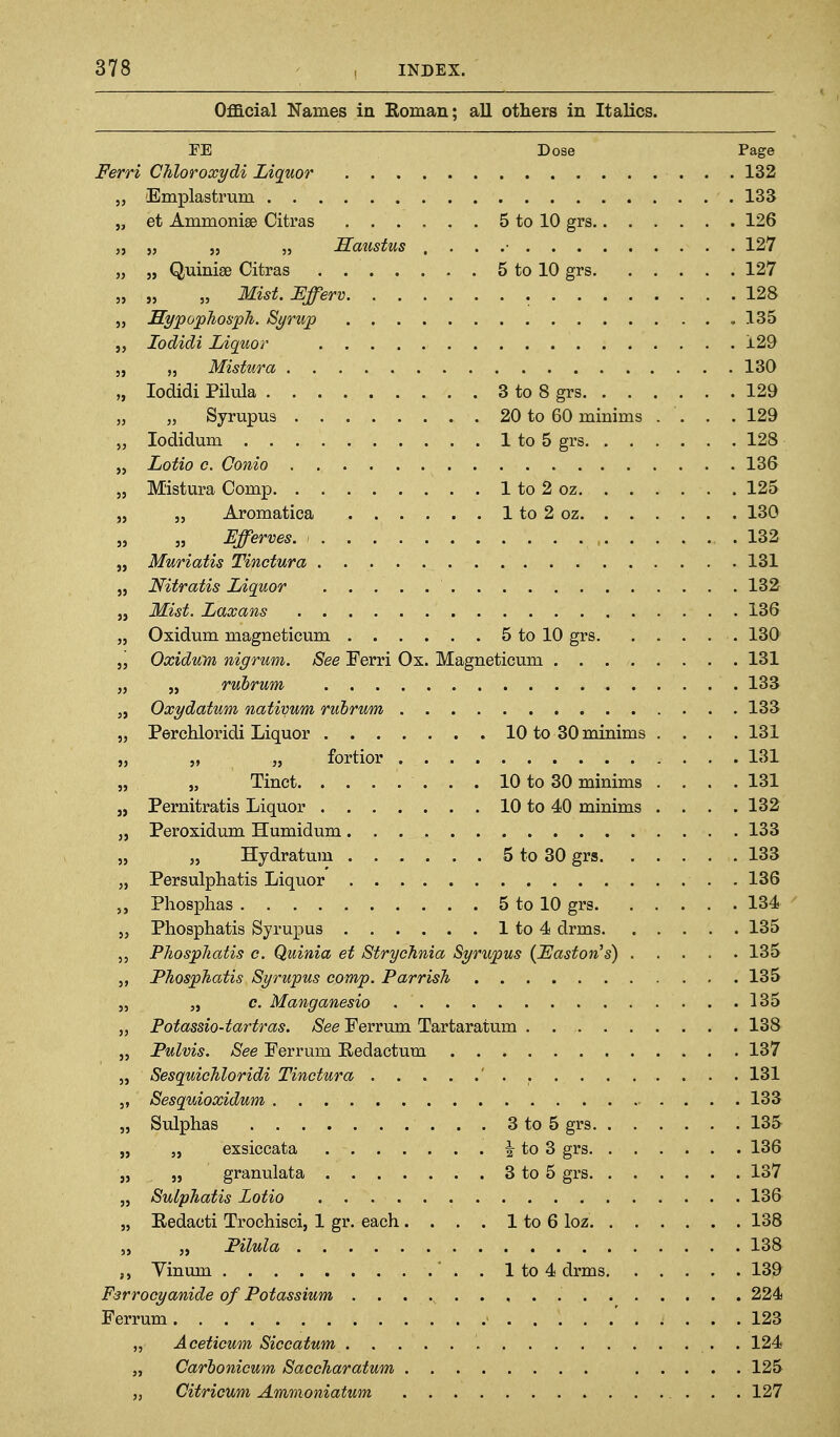 Oflacial Names in Roman; all others in Italics. FE Dose Page 35 5J 3J , . 127 3> . 127 5J 5J . . 135 J) 129 3J , 130 »> , 129 )3 . 20 to 60 minims . . . . 129 J3 128 JJ 125 }} 33 9) 35 )} , 136 33 33 , . 131 33 . 133 3J , 133 33 . . 131 J3 33 Tinct , . . 10 to 30 minims . . . . 131 }> . 10 to 40 minims . , . . 132 3} 33 . . 133 33 . . 136 >> 33 Phosphatis Syrup us . . 135 33 Phospliatis c. Quinia et Strychnia S 33 Phosphatis Syrupus comp. Parrish 33 33 33 Pulvis. See Ferrum Redactum . 137 33 33 . . 133 33 . . 135 JJ 33 33 33 Redacti Trochisci, 1 gr. each. . . . . 138 : 3 . 139 224 . . 123 . . 124 . . 125 3 . . 127
