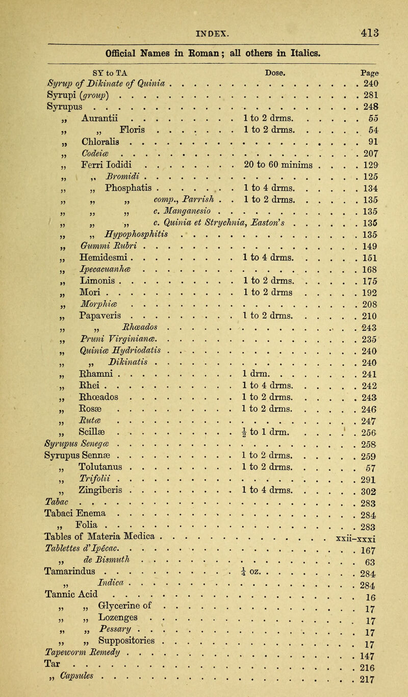 Official Names in Boman: all others in Italics. SY to TA Dose. Page Syrup of BiJcinate of Quinia 240 Syrupi [group) 281 Syrupus 248 „ Aurantii 1 to 2 drms 55 „ „ Floris ....... 1 to 2 drms 54 „ Chloralis 91 „ Codeice 207 „ Ferri lodidi 20 to 60 minims . . . .129 „ „ Bromidi 125 „ „ Phospliatis . 1 to 4 drms 134 „ „ „ comp,, Farrish . . 1 to 2 drms. . . . . . 135 „ „ „ c. Manganesio 135 „ J, „ c. Quinia et Strychnia, Haston's 136 „ „ Hypophosphitis 135 „ Gummi Rubri 149 „ Hemidesmi lto4 drms 151 „ Ipecacuanhce 168 „ Limonis 1 to 2 drms 175 „ Mori 1 to 2 drms 192 „ Morphi(B 208 „ Papaveris I to 2 drms 210 „ „ Rhoeados . 243 Pruni VirginiancB 235 „ QuinicB Hydriodatis 240 „ „ BiJcinatis 240 „ Khamni 1 drm 241 „ Bhei 1 to 4 drms 242 „ Ehoeados 1 to 2 drms 243 „ Eosse 1 to 2 drms 246 „ Rutce 247 „ Scillae i to 1 drm ' . 256 Syrupus Senegce 258 Syrupus Sennse 1 to 2 drms 259 „ Tolutanus 1 to 2 drms 57 „ Trifolii 291 „ Zingiberis 1 to 4 drms 302 Tahac 283 Tabaci Enema 284 » Folia 283 Tables of Materia Medica xxii-xxxi Tablettes d'Ipecac. jgy „ dc Bismuth g3 Tamarindus i oz 284 „ Indica 284 Tannic Acid 26 „ „ Glycerine of -^^j „ „ Lozenges _ 2^ „ „ Pessary „ „ Suppositories 2^ Tapeworm Remedy 247 Tar 216 217