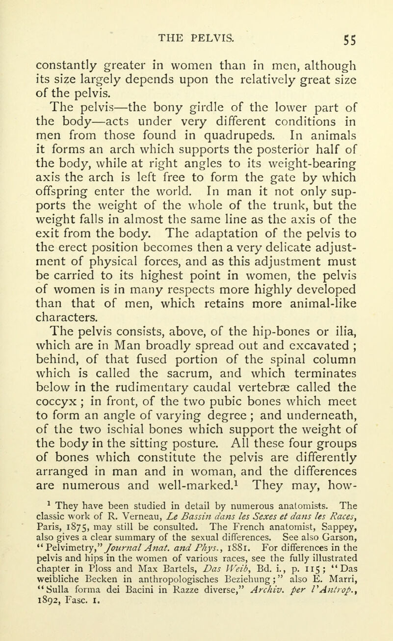 constantly greater in women than in men, although its size largely depends upon the relatively great size of the pelvis. The pelvis—the bony girdle of the lower part of the body—acts under very different conditions in men from those found in quadrupeds. In animals it forms an arch which supports the posterior half of the body, while at right angles to its weight-bearing axis the arch is left free to form the gate by which offspring enter the world. In man it not only sup- ports the weight of the whole of the trunk, but the weight falls in almost the same line as the axis of the exit from the body. The adaptation of the pelvis to the erect position becomes then a very delicate adjust- ment of physical forces, and as this adjustment must be carried to its highest point in women, the pelvis of women is in many respects more highly developed than that of men, which retains more animal-like characters. The pelvis consists, above, of the hip-bones or ilia, which are in Man broadly spread out and excavated ; behind, of that fused portion of the spinal column which is called the sacrum, and which terminates below in the rudimentary caudal vertebrae called the coccyx ; in front, of the two pubic bones which meet to form an angle of varying degree ; and underneath, of the two ischial bones which support the weight of the body in the sitting posture. All these four groups of bones which constitute the pelvis are differently arranged in man and in woman, and the differences are numerous and well-marked.1 They may, how- 1 They have been studied in detail by numerous anatomists. The classic work of R. Verneau, Le Bassin dans les Sexes et dans les Races, Paris, 1875, may still be consulted. The French anatomist, Sappey, also gives a clear summary of the sexual differences. See also Garson,  Pelvimetry, Journal Anat. and Pkys., 1881. For differences in the pelvis and hips in the women of various races, see the fully illustrated chapter in Ploss and Max Bartels, Das Weib, Bd. i., p. 115; Das weibliche Becken in anthropologisches Beziehung; also E. Marri, Sulla forma dei Bacini in Razze diverse, Archiv. per VAntrop.t 1892, Fasc. 1.