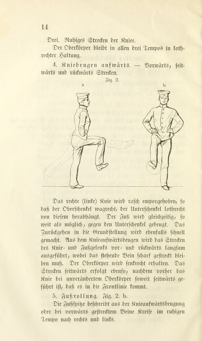 Drei. DütE)ige§ ©treefen ber Kniee. Der Oberförpcr bleibt in allen brei Tempos in lotfy rechter Wartung. 4. Kniebeugen aufgärt8. — SorroartSy fett* roärtl unb rMwärtS ©tretfen. a b T)a$ redete (linfe) Knie toirb raftf) emporgehoben/ fo bajs ber Oberfef)enrel roagrecht/ ber Unterfdjenfel Iotbred)t oon biefem ^erabpngt. Der gufj mirb gleichzeitig/ fo roeit als möglich/ gegen ben Unterfchenfel gebeugt. $)aS gurüctgehen in bic ©runbjiettung mirb ebenfalls felmcll gemacht 2luS bem KnieaufroärtSbeugen mirb baS streifen beS Knie* unb gufgetenfs oor* unb rMmärtS langfam ausgeführt/ wobei baS ftebcnbe 23ein fdjarf geftreeft blci* ben mufi, Der Oberkörper mirb fenfrecht erhalten. DaS Streben feitroärtS erfolgt ebenfb/ nachbem oorher baS Knie bei unoeränbertem Oberkörper foroett feitiüärtS ge* füfjrt ift/ ba|l eS in bic grontlinie kommt. 5. gujsrollung. gig. 2. b. Tie Auf^fpine befebreibt auS ber KnieauftoättSbeugung ober bei bortoärtS geftrecEtetn Seine Greife int ruhigen 'lempo nach rechts unb lutfs.