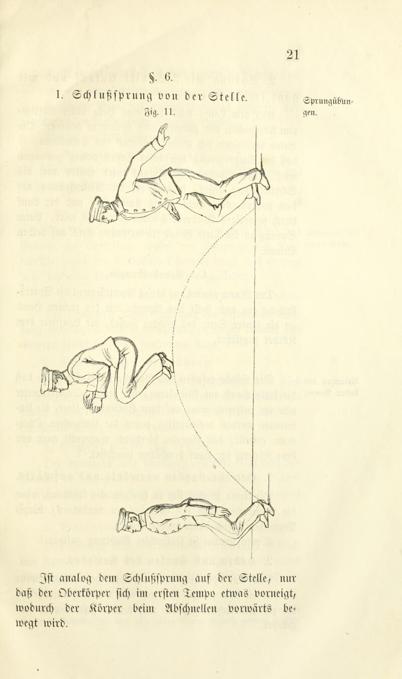 S- 6. 1. ed^uffttuttö bon ber ©teile. eprungüBx ö»g- 11, gen. 3ft analog bem Scfyfufjfptung auf ber Steife f nur bafj ber Oberforper ftd) int erften %tm^$ etn)a§ üomeigt, tooburtf) ber föörfter beim 3lbfdnteIIen üormärt§ be* n>egt xoxxh.