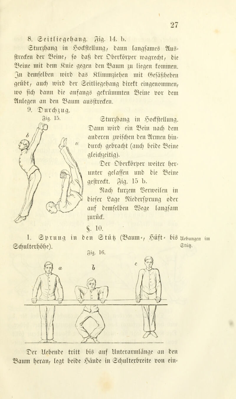 8. @eitüegefyang. gig. 14. b. Stefano, in Socfftellung, bann (angfameS 5lu§* ftrecfen ber teilte/ fo bafj ber Oberförper toagtecfyt/ bic 33eine mit bem tonte gegen ben Saum jn liegen fommen. 3n temfetkn nürb ba§ ^(imm^ie^en mit ©efäffye&en geübt/ auef) mirb ber Seitüegefmng bireft eingenommen/ mo fia) bann bie anfangs gefrümmten Seine cor bem Anlegen an ben Saum auöftrecfen. 9, Durtf^ug. 0*9- 15- Stux^ang in ^ocfjMung. Dann tmrb ein Sein naa) bem anbeten gttnfcfyen ben Sirmen fyin* buref) gebracht (audj beibe Seine g(eicfoettig). Der Oberförper weiter her- unter gefaffen unb bie Seine gejtrecft. gig. 15 b. ^act) turpem 33etroeilen in tiefer Öage Sftteberfpxung ober auf bemfetben 5Öege langfam $axM. 8. 10. 1. Sprung in ben Stü£ (Saum*/ $üft* 6i§ UcBungcn im 8ä)u(tert)Dhe). Der Kebenbe tritt big auf Unterarmlänge an ben Saum fyeran/ tegt beibe $änbc in Sdntlterbreite t>on ein*