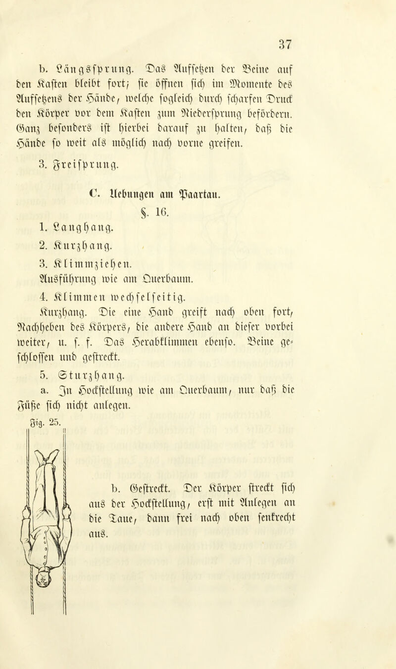 b. ÖcutgSffcrung. £)a§ 2luffe|en ber 33chic auf bcn haften bleibt fort; fic offnen fid) im Momente be$ 2luffe|en§ ber^änbe, me(a)e fogteid) bura) fdjarfen £>ruc£ bcn Körper Oor bem haften gum 9Hcberfprung beförbern. @an^ befonbcrS ift hierbei barauf 51t fyalttxt/ baf; bie $änbe fo toeit at§ mög(icf) nad) Dorne greifen. 3. greifprung. C. Hebungen am *Paartau. S- 16. 1. öaugfyang. 2. ^ur^ang. 3. ^Iimm^icf)eu. SluSfüfyrung nrie am Ouerbaum. 4. trimmen mccfyfcrfeitig. $ur^ang. SDic eine £anb greift nadj oben fort/ 9tad$e&en be§ Mxptx%f bie anbere §aub an biefer Oorbei weiter/ u. f. f. <Da3 §erabf(immen ebenfo. Seine ge* fa)Ioffeu unb geftredt. 5. Stur^ang. a. 311 £octjMung ttne am Ouerbaum, nur ba§ bie güfie fttt) titelt anlegen. b. ©ejrrecft. Der Körper predt fief) au§ ber £odjMIuug/ erjt mit Slntegen an bie Xaue, bann frei nad) oben fenfred)t au§.