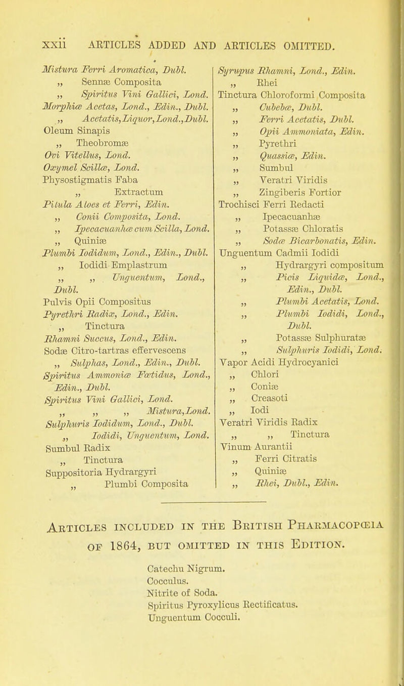 Mistwa Fcrri Aromatica, Dubl. „ Senna; Composita „ Sjnritus Vini Gall'wi, Lond. Muiplii<e Acetas, Lond., Udin., Dubl. „ AcetatiSjiAQitoryZond.yDubl. Oleum Sinapis „ Theobromas Ovi Vitellus, Lond. Oxymel Soilla, Lond. Physostigmatis Faba „ Extractiun Pilula Aloes et Ferri, JEdin. „ Conii Composita, Lond. ,, IpccacuanluB cimn Scilla, Lond. „ Qiiiniie Phmii lodidum, Lond., JEdin., Dubl. „ lodidi Emplastrum „ „ JJnguentum., Lond., Dubl. Pulvis Opii Compositus Fyrethn Radix, Lond., Fd/in. „ Tinctura Mhamni Suoous, Lond., Fdin. Sodas Citro-tartras effervescens „ Sid2)kas, Lond., Fdin., BiM. Sfiritiis Ainmoni(S Fwtidus, Lond., Fdin., Bubl. Bpinttis Vini Gallici, Lond. „ „ „ Mistm-a,Lo?id. SulpJiii/i'is lodidwn, Lond., Dubl. „ Lodidi, Ungventum, Lond. Sumbial Eadix „ Tinctiu-a Siippositoria Hydrargyri „ Plumbi Composita Syni/pus Rhmmi, Lond., Fdi/n. „ Eliei Tinctura Chlorofonni Composita „ Cubebce, Bubl. „ Feo-ri Acetatis, Bubl. „ Opii Ammoniata, Fdin. „ Pyrethri „ QuassicB, Fdin. ,, Sumbul „ Veratri Viridis „ Zingiberis Fortior Trochisci Ferri Redacti „ Ipecacuanhas „ PotassfB Chloratis „ Sodcp Bicarbonatis, Fdin. Unguentum Cadmii lodidi „ Hydrargyri compositiun „ Picis LAquidcD, Lond., Fdin., Bubl. „ Plumbi Acetatis, Lond. ,, Plimbi Lodidi, Land., Bubl. „ Potass;© Sulphuratse „ Sulphuris Lodidi, Lond. Vapor Acidi Hydrocyanici „ Chlori „ ConiiB „ Creasoti „ lodi Veratri Viridis Radix „ „ Tinctura Vinum Aurantii „ Ferri Citratis „ Quinias „ Rhei, Bubl., Fdin. Articles included in the British Pharmacoposia of 1864, but omitted in this edition. Catechu Nigrum. Cocculus. Nitrite of Soda. Spiritus Pyroxylicus Rectilicatus. Unguentum Cocculi.