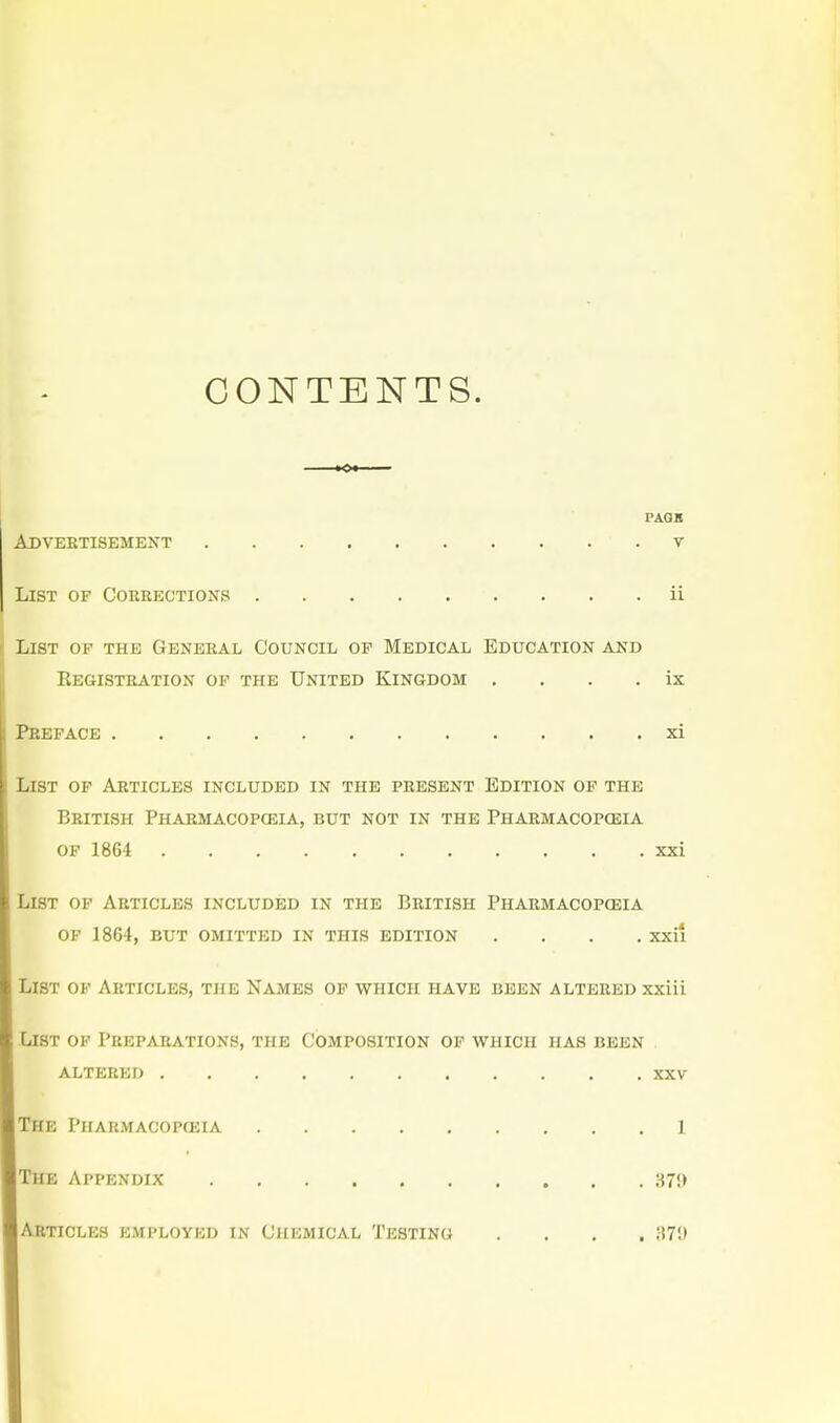 CONTENTS. PAGK Advektisement V List of Coerections ii List op the General Council op Medical Education and Eegistration of the United Kingdom . . . . ix PllEFACE xi 1.1 ST OF Articles included in the present Edition op the British Pharmacoposia, but not in the Pharmacopceia OF 1864 xxi List of Articles included in the British Pharmacoposia OF 1864, but omitted in this edition .... xxil List of Articles, the Names of which have been altered xxiii List of Preparations, the Composition op which has been altered XXV The Pharmacopceia 1 The Appendix 37{) Articles employed in Chemical Testing .... ;i7!)