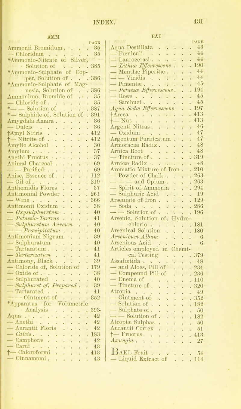 AMM PACK Ammonii Bromidum.... 35 -- Cliloridum 35 ♦Ammonio-Nitrate of Silver, ■ Solution of .... 385 ♦Ammonio-Sulphate of Cop- per, Solution of . . . 386 *Animonio-Sulphate of Mag- nesia, Solution of . . 386 Ammonium, Bromide of . . 35 — Chloride of 35 ♦ Solution of .... 387 *— Sulphide of, Solution of . 391 Amvsfdala Amara 36 — bulcis 36 f Amvl Xitris 412 t— Nitrite of 412 Amylic .'Ucohol 30 Amjium 37 Anethi Fnictus 37 Animal Charcoal 69 Purified 69 Anise, Essence of 112 — Oil of 219 Anthemidis Flores .... 37 Antimonial Powder .... 261 — Wine 366 Antimonii Oxidum .... 38 — Oinj^vlplmretuvi .... 40 — Putasitio-Tai'tra.'t .... 41 — Snlpliurctiiin Avreum . . 40 PrcpeipitaUtm .... 40 Antimonium Nigrum ... 39 — Sulphuratum 40 — Tartaratum 41 — TdJ-tarizatnm 41 Antimonj', Black 39 — Chloride of, Solution of . 179 — Oxide of 38 — Sulphurated 40 — Suljjhnret of, Prcpao-od . . 39 — Tartarated 41 Ointment of .... 352 •Apparatus for Volumetric Analysis 393. Aqua 42 — Anethi 42 — Aurantii Floris .... 42 — Calcu 183 — Camphora; 42 — Carui 43 f— Chloroformi 413 — Cinnamomi 43 BAG PAOF, Aqua Destillafa 43 — Fojniculi 44 — Laurocerasi...... 44 — lAthim JiffeneKcaiiK . . .190 — Mentlise Piperitfe. ... 44 — - Viridis ...... 44 — PimentiB 45 — Potassa; EffencKcuns. . .194 — Eosfe 45 — Sambuci 45 Aqxia Soda Effcifescena . .197 fAreca 413 f—Nut 413 Argenti Nitras 46 — Oxidum 47 Argentum Purificatum ... 47 Armoracia3 Kadix 48 Arnica Boot 48 — Tincture of 319 ArnicEe Eadix 48 Aromatic Mixtiire of Iron . .210 — Powder of Chalk .... 263 and Opium .... 263 — Spirit of Ammonia . . . 294 — Sulphuric Acid .... 19 Arseniate of Iron 129 — Soda 286 Solution of 196 Arsenic, Solution of, Hj'dro- chloric 181 Arsenical Solution . . . .180 Arse/iicmn Alhum .... 6 Arsenious Acid 6 Articles employed in Chemi- cal Testing . . . .379 AssafcEtida 48 — and Aloes, Pill of . . . 234 — Compound Pill of . . . 236 — Enema of 110 — Tincture of 320 Atropia 49 — Ointment of 352 — Solution of 182 — Suljjhate of 50 Solution of 182 Atropiiu Sulphas 50 Aurantii Cortex 5] t— Fructus 413 Axmiffia 27 BaEL Fruit 54 — Liquid Extract of . . .114