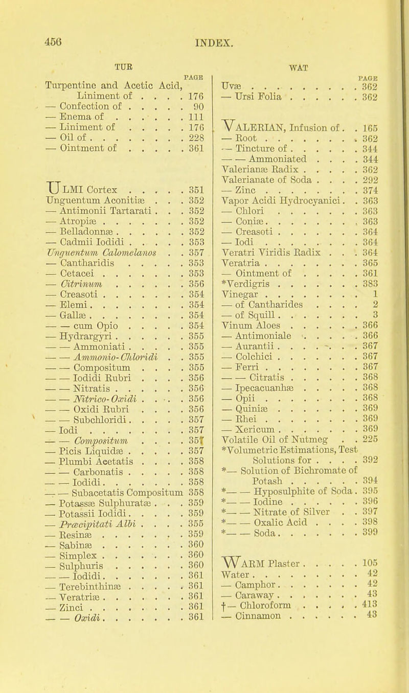 TUR PAGE Turpentine and Acetic Acid, Liniment of ... . 176 — Confection of 90 — Enema of Ill — Liniment of 176 — Oil of 228 — Ointment of 361 TJlMI Cortex 351 Unguentum AconitiiE . . .352 — Antimonii Tartarati . . . 352 — Atropife 352 — Belladonna 352 — Cadmii lodidi 353 Ungiientum Calomelanos . . 357 — Cantliaridis 353 — Cetacei 353 — Citrimifin 356 — Creasoti 354 — Blemi 354 — Gallaj 354 cum Opio 854 — Hydrargyri 355 Ammoniati 355 Ammonio- Cldoridi . . 355 Compositum .... 355 lodidi Kubri . . . .356 Nitratis 356 Nltrico-Oxidi . . -. . 356 Oxidi Rubri . . . .356 Subchloridi 357 — lodi 357 Compositum . . . .357 — Picis Liquidas 357 — Plumbi Acetatis .... 358 — '■— Carbonatis 358 lodidi 358 — — Subacetatis Compositum 358 — PotassEe Sulphuratas . . . 359 — Potassii lodidi 359 — Praioipitati Albi .... 355 — Resinse 359 — Sabina3 360 — Simplex 360 — Sulpburis 360 lodidi 361 — Terebintliinae 361 — Veratrias 361 — Zinci 361 Oxidi 361 WAT PAGE TJv£e 362 — Ursi Folia 362 AT^ALERIAN, Infusion of . .165 — Root 362 — Tincture of 344 Ammoniated .... 344 Valerianfe Radix 362 Valerianate of Soda .... 292 — Zinc 374 Vapor Acidi Hydrocyanici. . 363 — Chlori 363 — Conias ,363 — Creasoti 364 — lodi 364 Veratri Viridis Radix . . . 364 Veratria 365 — Ointment of 361 *Verdigris 383 Vinegar 1 — of Cantharides .... 2 — of Squill 3 Vinmn Aloes 366 — Antimoniale 366 — Aurantii . . . . . . 367 — ColcMci 367 — Ferri 367 Citratis 368 — Ipecacuanhse 368 — Opii 368 — Quiniaa 369 — Rhei 369 — Xericum 369 Volatile Oil of Nutmeg . . 225 ♦Volumetric Estimations, Test Solutions for . . . . 392 *— Solution of Biclu-omate of Potash 394 * Hyposulphite of Soda. 395 * Iodine 396 * Nitrate of Silver . . 397 * Oxalic Acid .... 398 * Soda 399 Warm piaster 105 Water 42 — Camphor 42 — Caraway 43 f — Chloroform . . , , .413 — Cinnamon 43