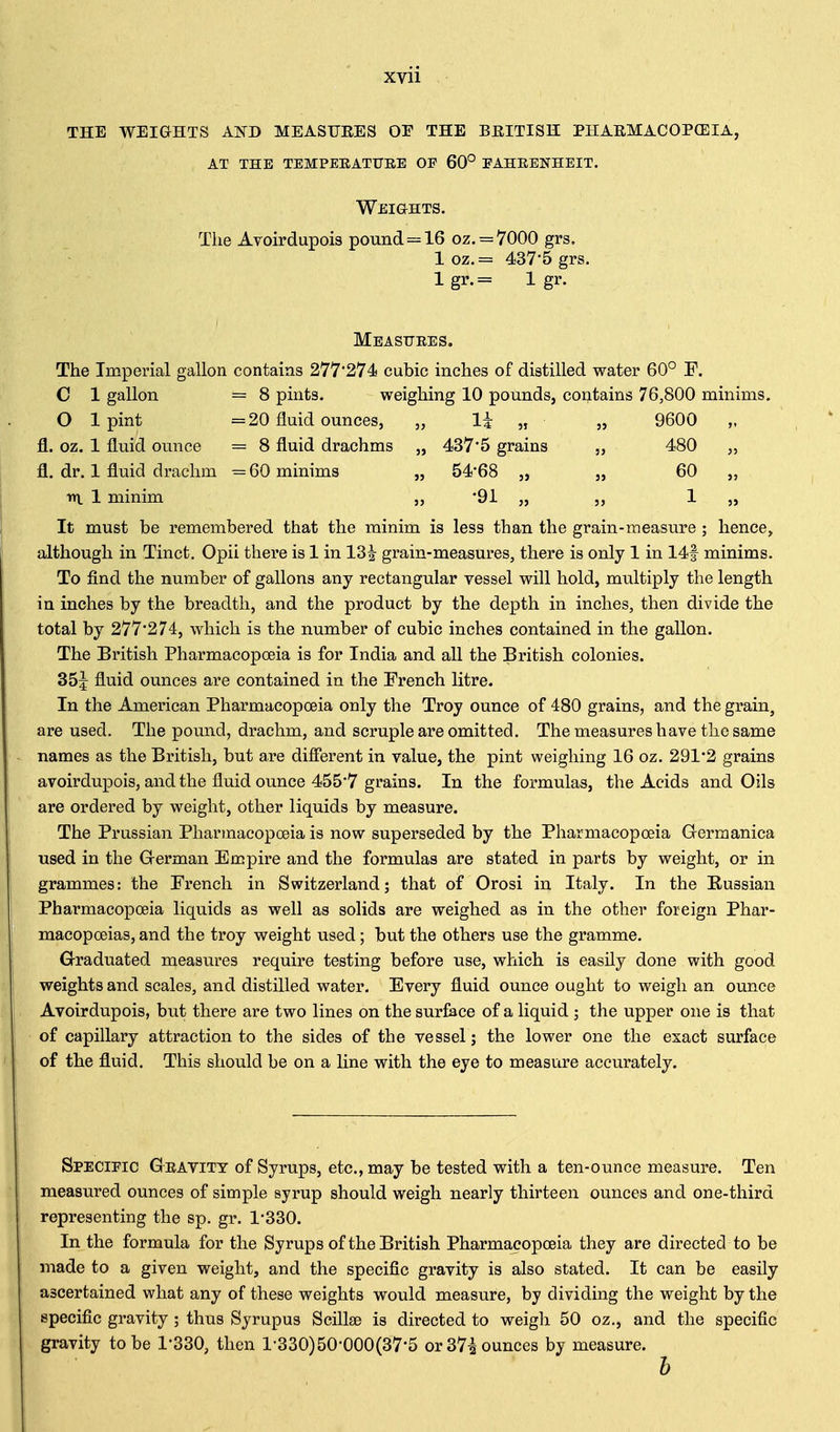XVll THE WEIGHTS AI^D MEASURES OF THE BRITISH PHARMACOPEIA, at the tempeeattjre of 60° eaheenheit. Weights. The Avoirdupois pound == 16 oz. = 7000 grs. 1 oz.= 437-5 grs. lgr.= 1 gr. Measures. The Imperial gallon contains 277'274 cubic inches of distilled water 60° F. C 1 gallon = 8 pints. weighing 10 pounds, contains 76,800 minims. O 1 pint =20 fluid ounces, „ li „ „ 9600 fl. oz. 1 fluid ounce = 8 fluid drachms „ 4375 grains „ 480 „ fl. dr. 1 fluid drachm = 60 minims „ 54*68 „ „ 60 „ m 1 minim „ 91 „ „ 1 „ It must be remembered that the minim is less than the grain-measure ; hence, although in Tinct. Opii there is 1 in 13^^ grain-measures, there is only 1 in 14f minims. To find the number of gallons any rectangular vessel will hold, multiply the length in inches by the breadth, and the product by the depth in inches, then divide the total by 277*274, which is the number of cubic inches contained in the gallon. The British Pharmacopoeia is for India and all the British colonies. 351^ fluid ounces are contained in the French litre. In the American Pharmacopoeia only the Troy ounce of 480 grains, and the grain, are used. The pound, drachm, and scruple are omitted. The measures have the same names as the British, but are difierent in value, the pint weighing 16 oz. 291*2 grains avoirdupois, and the fluid ounce 455*7 grains. In the formulas, the Acids and Oils are ordered by weight, other liquids by measure. The Prussian Pharmacopoeia is now superseded by the Pharmacopoeia Germanica used in the German Empire and the formulas are stated in parts by weight, or in grammes: the French in Switzerland; that of Orosi in Italy. In the Russian Pharmacopoeia liquids as well as solids are weighed as in the other foreign Phar- macopoeias, and the troy weight used; but the others use the gramme. Graduated measures require testing before use, which is easily done with good weights and scales, and distilled water. Every fluid ounce ought to weigh an ounce Avoirdupois, but there are two lines on the surface of a liquid ; the upper one is that of capillary attraction to the sides of the vessel j the lower one the exact surface of the fluid. This should be on a line with the eye to measure accurately. Specipic Gravity of Syrups, etc., may be tested with a ten-ounce measure. Ten measured ounces of simple syrup should weigh nearly thirteen ounces and one-third representing the sp. gr. 1*330. In the formula for the Syrups of the British Pharmacopoeia they are directed to be made to a given weight, and the specific gravity is also stated. It can be easily ascertained what any of these weights would measure, by dividing the weight by the specific gravity ; thus Syrupus Scillse is directed to weigh 50 oz,, and the specific gravity to be 1*330, then l-330)50-000(37*5 or 37| ounces by measure. h