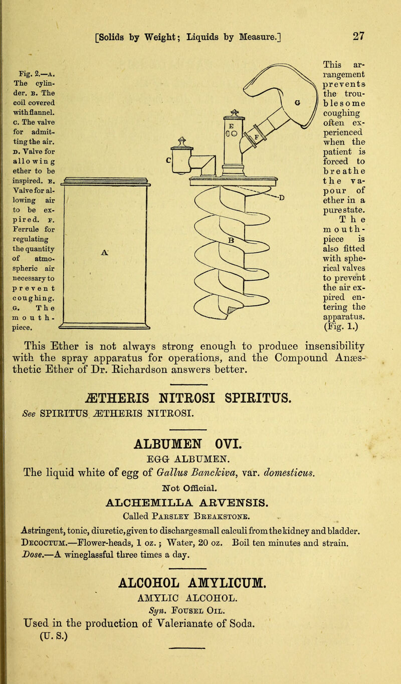 This ar- rangement prevents the trou- blesome coughing often ex- perienced when the patient is forced to bre athe the va- pour of ether in a pure state. The mouth- piece is also fitted with sphe- rical valves to prevent the air ex- pired en- tering the apparatus. (Fig. 1.) This Ether is not always strong enough to produce insensibility with the spray apparatus for operations, and the Compound Anaes- thetic Ether of Dr. Eichardson answers better. iETHERIS NITEOSI SPIRITUS. See SPIRITUS ^THEEIS NITEOSI. ALBUMEN OVI. Eaa ALBUMEN. The liquid white of egg of Gallus BancTciva, var. domesticus. ISot Official. ALCHEMILLA AHVENSIS. Called Paeslet Beeakstone. Astringent, tonic, diuretic, given to discharge small calculi from the kidney and bladder. Decoctitm.—Flower-heads, 1 oz.; Water, 20 oz. Boil ten minutes and strain. Dose.—A wineglassful three times a day. ALCOHOL AMYLICUM. AMYLIC ALCOHOL. S^n. FoTJSEL Oil. Used in the production of Valerianate of Soda. (U. S.)