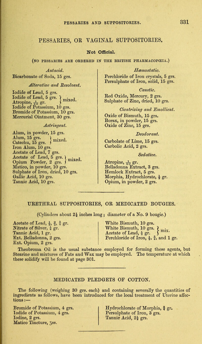 PESSAEIES, OH VAGINAL SUPPOSITORIES. Not Official. (no PESSAEIES AEE OEDEEED IN THE BEITISH PHAEMACOPCEIA.) Antacid. Bicarbonate of Soda, 15 grs. Alterative and Resolvent. Iodide of Lead, 5 grs. Iodide of Lead, 5 grs. •) . ^ Atropine, ^ gr. j Iodide of Potassium, 10 grs. Bromide of Potassium, 10 grs. Mercurial Ointment, 30 grs. Astringent. Alum, in powder, 15 grs. Alum, 15 grs. Catechu, 15 grs Iron Alum, 10 grs. Acetate of Lead, 7 grs. Acetate of Lead, 5 grs. \ Opium Powder, 2 grs. j Matico, in powder, 10 grs. Sulphate of Iron, dried, 10 grs. Gallic Acid, 10 grs. Tannic Acid, 10 grs. mixed. HcBmostatie. Perchloride of Iron crystals, 5 grs. Persulphate of Iron, solid, 15 grs. Caustic. Red Oxide, Mercury, 2 grs. Sulphate of Zinc, dried, 10 grs. Cicatrizing and Emollient. Oxide of Bismuth, 15 grs. Borax, in powder, 15 grs. Oxide of Zinc, 15 grs. Deodorant. Carbolate of Lime, 15 grs. Carbolic Acid, 2 grs. Sedative. Atropine, ^ gr. Belladonna Extract, 3 grs. Hemlock Extract, 5 grs. Morphia, Hydrochlorate, ^ gr. Opium, in powder, 2 grs. URETHRAL SUPPOSITORIES, OR MEDICATED BOUGIES. (Cylinders about 2| inches long; diameter of a No. 9 bougie.) White Bismuth, 10 grs. White Bismuth, 10 grs. \ Acetate of Lead, ^ gr. 5 Perchloride of Iron, \, f, and 1 gr. Acetate of Lead, ^, |, f gr. Nitrate of Silver, i gr. Tannic Acid, 1 gr. Ext. Belladonna, 2 grs. Ext. Opium, 2 grs. Theobroma Oil is the usual substance employed for forming these agents, but Stearine and mixtures of Eats and Wax may be employed. The temperature at which these solidify will be found at page 301. MEDICATED PLEDGETS OE COTTON. The following (weighing 30 grs. each) and containing severally the quantities of ingredients as follows, have been introduced for the local treatment of Uterine affec- tions :— Bromide of Potassium, 4 grs. Iodide of Potassium, 4 grs. Iodine, 2 grs. Matico Tincture, 5ss. Hydrochlorate of Morphia, f gr, Persulphate of Iron, 3 grs. Tannic Acid, 2^ grs.