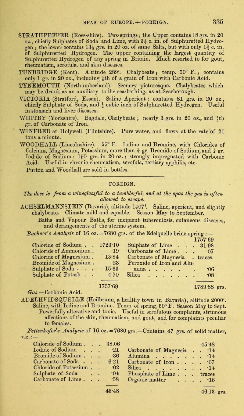STEATHPEFFER (Ross-sliire). Two springs ; the Upper contains 18 grs. in 20 oz., chiefly Sulphates of Soda and Lime, with 3^ c. in. of Sulphuretted Hydro- gen ; the lower contains 13f grs. in 20 oz. of same Salts, but with only If c. in. of Sulphuretted Hydrogen. The upper containing the largest quantity of Sulphuretted Hydrogen of any spring in Britain. Much resorted to for gout, rheumatism, scrofula, and skin diseases. TUNBRID&E (Kent). Altitude 289'. Chalybeate; temp. 50° F.; contains only 1 gr. in 20 oz., including |th of a grain of Iron with Carbonic Acid. TYNEMOUTH (Northumberland). Scenery picturesque. Chalybeates which may be drunk as an auxiUary to the sea-bathing, as at Scarborough. YICTOE-IA (Stratford, Essex). Saline Aperient; contains 81 grs. in 20 oz., chiefly Sulphate of Soda, and | cubic inch of Sulphuretted Hydrogen. Useful in stomach and liver diseases. WHITBY (Yorkshire). Bagdale, Chalybeate ; nearly 3 grs. in 20 oz., and ^th gr. of Carbonate of Iron. WINFRED at Holywell (Flintshire). Pure water, and flows at the rate of 21 tons a minute. WOODHALL (Lincolnshire). 55° F. Iodine and Bromine, with Chlorides of Calcium, Magnesium, Potassium, more than ^ gr. Bromide of Sodium, and i gr. Iodide of Sodium : 190 grs. in 20 oz. ; strongly impregnated with Carbonic Acid. Useful in chronic rheumatism, scrofula, tertiary syphilis, etc. Purton and Woodhall are sold in bottles. FOREIGN. The dose is from a wineglassful to a tumblerful, and at the spas the gas is often allowed to escape. ACHSELMANNSTEIN (Bavaria), altitude 1407'. Saline, aperient, and slightly chalybeate. Climate mild and equable. Season May to September. Baths and Vapour Baths, for incipient tuberculosis, cutaneous diseases, and derangements of the uterine system. Buchner^s Analysis of 16 oz. = 7680 grs. of the Edelquelle brine spring :— 1757-69 Chloride of Sodium . Chloride of Ammonium Chloride of Magnesium Bromide of Magnesium Sulphate of Soda . . Sulphate of Potash . 1723-10 •19 13-84 •23 15-63 4-70 Sulphate of Lime . . . 31-98 Carbonate of Lime . . . -07 Carbonate of Magnesia . traces. Peroxide of Iron and Alu- mina , -06 Silica -08 1757-69 1789-88 grs. Gas.—Carbonic Acid. ADELHEIDSQUELLE (Heilbrunn, a healthy town in Bararia), altitude 2000'. Saline, with Iodine and Bromine. Temp, of spring, 50 F. Season May to Sept. Powerfully alterative and tonic. Useful in scrofulous complaints, strumous afiections of the skin, rheumatism, and gout, and for complaints peculiar to females. PettenTcofer's Analysis of 16 oz. = 7680 grs.—Contains 47 grs. of soHd matter, Chloride of Sodium . . . 38.06 45-48 Iodide of Sodium . . •21 Carbonate of Magnesia . . •M Bromide of Sodium . . •36 . . -14 Carbonate of Soda . . . 6-21 Carbonate of Iron . . . . -07 Chloride of Potassium . •02 . . -14 Sulphate of Soda •04 Pliosphate of Lime . . traces Carbonate of Lime . . •58 Organic matter . . . . ^16 45-48 46^13 grs