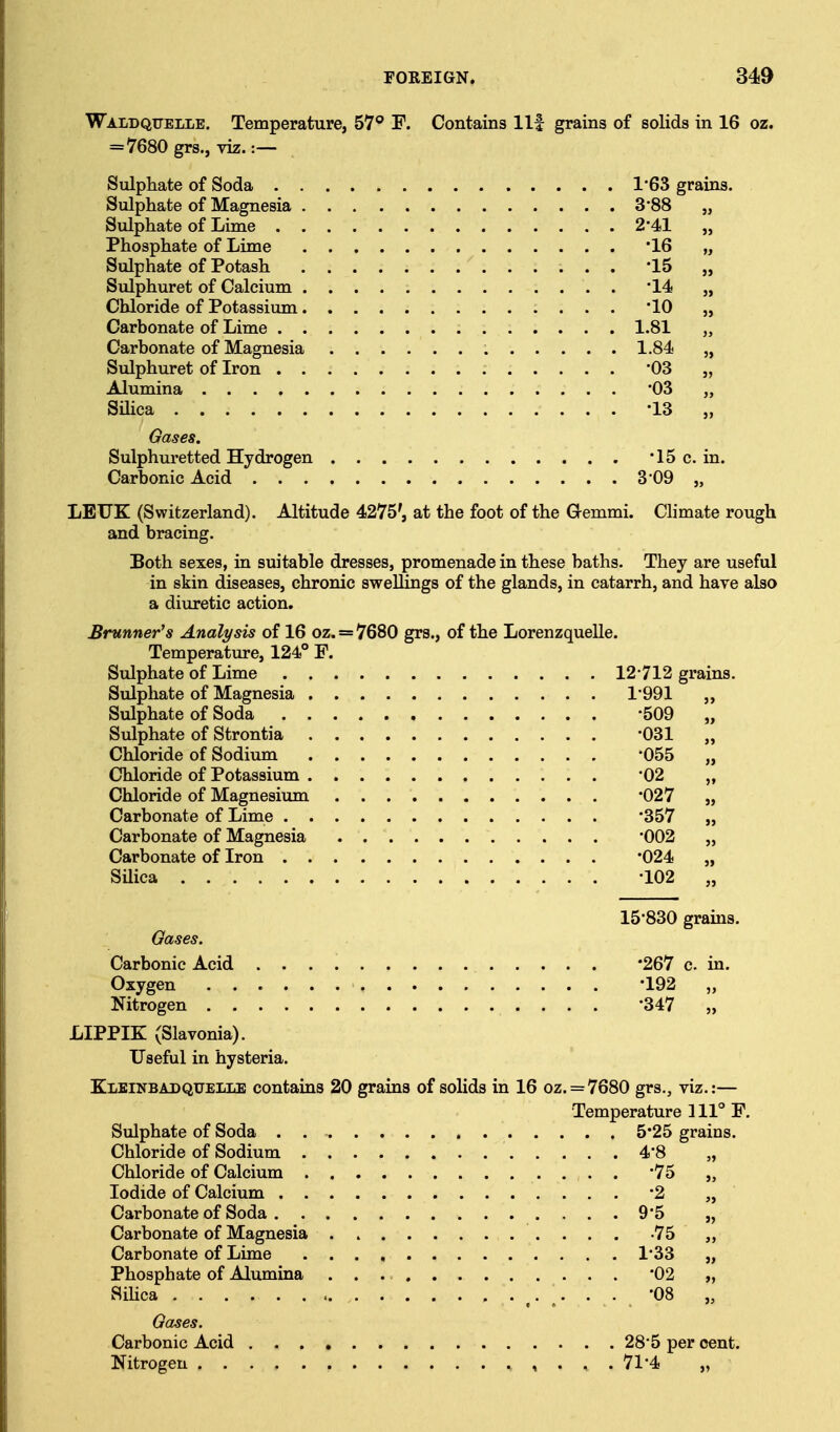 Waldqtjelle. Temperature, 57° F. Contains llf grains of solids in 16 oz. =7680 grs., viz. Sulpliate of Soda 1*63 grains. Sulphate of Magnesia 3-88 „ Sulphate of Lime 2*41 „ Phosphate of Lime '16 „ Sulphate of Potash '15 „ Sulphuret of Calcium 14 „ Chloride of Potassium '10 „ Carbonate of Lime 1.81 „ Carbonate of Magnesia 1.84 „ Sulphuret of Iron '03 „ Alumina '03 „ Silica -13 „ Gases. Sulphuretted Hydrogen '15 c. in. Carbonic Acid 3'09 „ LEUK (Switzerland). Altitude 4275', at the foot of the Gemmi. Chmate rough and bracing. Both sexes, in suitable dresses, promenade in these baths. They are useful in skin diseases, chronic swellings of the glands, in catarrh, and hare also a diuretic action. Brunner's Analysis of 16 oz. = 7680 grs., of the Lorenzquelle. Temperature, 124° F. Sulphate of Lime 12712 grains. Sulphate of Magnesia 1*991 ,, Sulphate of Soda -509 „ Sulphate of Strontia -031 „ Chloride of Sodium -055 „ Chloride of Potassium '02 „ Chloride of Magnesium -027 „ Carbonate of Lime 357 „ Carbonate of Magnesia '002 „ Carbonate of Iron 024 „ SUica -102 „ 15-830 grains. Gases. Carbonic Acid Oxygen . . Nitrogen . . LIPPIK (Slavonia). Useful in hysteria. Kleinbadqueile contains 20 grains of solids in 16 oz. = 7680 grs., viz.:— Temperature 111° F. Sulphate of Soda . 5*25 grains. Chloride of Sodium 4*8 „ Chloride of Calcium '75 „ Iodide of Calcium -2 „ Carbonate of Soda 95 „ Carbonate of Magnesia -75 „ Carbonate of Lime 1*33 „ Phosphate of Alumina 02 „ SiUca ^.... -08 „ Gases. Carbonic Acid 28*5 per cent. Nitrogen , . , . 71'4 „ •267 c. in. •192 „ •347 „