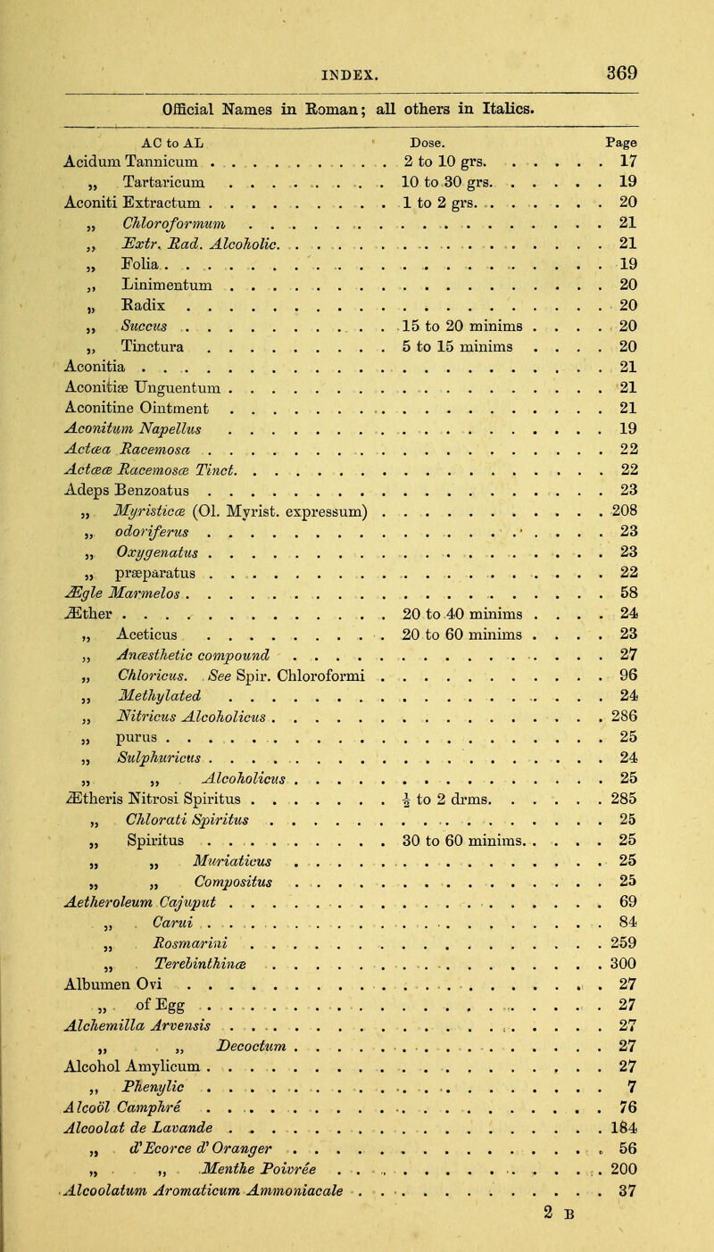 Official Names in Roman; all others in Italics. AC to AL Dose. Page Acidum Tannicum ... . . . . . . 2 to 10 grs 17 „ Tartaricum ...... .. . 10 to 30 grs. 19 Aconiti Extractum 1 to 2 grs. .. . . . . . 20 „ CMoroformum 21 „ lExtr.. Had. Alcoholic. .... . 21 „ Folia . ...... . .... . 19 „ Linimentum 20 „ Eadix 20 „ Succus 15 to 20 minims . . . . 20 J, Tinctm'a 5 to 15 minims .... 20 Aconitia . 21 Aconitise Unguentum 21 Aconitine Ointment 21 Aconitum Napellus 19 Actcea Raeemosa . 22 ActcBce RacemoscB Tinct 22 Adeps Benzoatus 23 „ Myristicce (01. Myrist. expressum) 208 „ odoriferus 23 „ Oxygenatus . . . . . . 23 „ prseparatus . . . . . . . 22 Mgle Marmelos 58 ^ther 20 to 40 minims .... 24 „ Aceticus . . . . . . . . . 20 to 60 minims .... 23 AncBsthetic compound 27 „ Chloricus. See Spir. Chloroformi 96 „ Methylated 24 Nitricus Alcoholieus 286 „ purus 25 „ Sulphuricus 24 „ „ Alcoholieus 25 ^theris Nitrosi Spiritus to 2 drms 285 „ Chlorati Spiritus 25 „ Spiritus . 30 to 60 minims 25 „ „ Muriaticus 25 „ „ Compositus ... . . . . . . 25 Aetheroleum Cajuput 69 „ Carui . . . . 84 „ Rosmarini 259 „ Terehinthince 300 Albumen Ovi .27 „ of Egg 27 Alchemilla Arvensis 27 „ „ Decoctum . . . . ... . 27 Alcohol Amylicum 27 Phenylic . . . . . . 7 A Icool Camphre . . . . 76 Alcoolat de Lavande 184 „ d^Ecorce d* Granger , 56 „ . „ Menthe Poivree . . ,, . . ... 200 ■ Alcoolatum Aromaticum Amnioniacale . . ■. . . . 37 2 B
