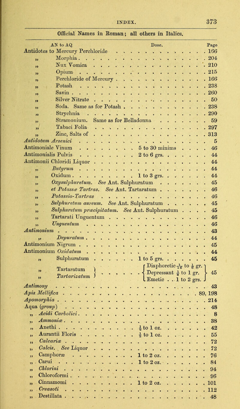 Official Names in Eoman; all others in Italics. AN to AQ Dose. Page Antidotes to Mercury Perchloride 166 „ Morphia 204 „ Nux Yomica . 210 „ Opium . 215 „ Perchloride of Mercury 166 „ Potash 238 „ Savin 260 „ Silver Nitrate 50 „ Soda. Same as for Potash 238 „ Strychnia 290 5, Stramonium. Same as for Belladonna 59 „ Tabaci Folia 297 „ Zinc, Salts of 313 Antidotum Arsenici 5 Antimoniale Yinum 5 to 30 minims .... 46 Antimonialis Pulvis 2 to 6 grs 44 Antimonii Chloridi Liquor 44 „ BtUyrum 44 „ Oxidum 1 to 3 grs. ...... 44 J, Oxysulphuretum. See Ant. Sulphnratum ....... 45 „ et Potasses Tartras. See Ant. Tartaratum 46 „ JPotassio-Tartras 46 „ Sulphuretum aureum. See Ant. Sulphnratum ,45 „ Sulphuretum prcecipitatum. See Ant. Sulphuratum .... 45 „ Tartarati Unguentum 46 „ Unguentum 46 Antimonium 43 „ Depuratum 44 Antimonium Nigrum 45 Antimonium Oxidatum 44 „ Sulphuratum 1 to 5 grs 45 Tartaratum ) f Diaphoretic-jV togr. t  tr, . . , \ \ Depressant -s- to 1 gr. )■ 45 J, Tartarizatum ) -it, -- L Emetic . . 1 to 2 grs. J Antimony 43 Apis Mellifica 89, 198 Apomorphia 214 Aqua {group) 48 „ Acidi Carbolici 8 „ Ammonice 38 „ Anethi 4 to 1 oz 42 „ Aurantii Ploris i to 1 oz 55 „ Calcarice . . . 72 „ Calcis, See Liquor 72 „ Camphorse . 1 to 2 oz 76 „ Carui 1 to 2 oz 84 „ Chlorini 94 „ Chloroformi 96 „ Cinnamomi 1 to 2 oz 101 „ Creasoti 112 „ Destillata 48
