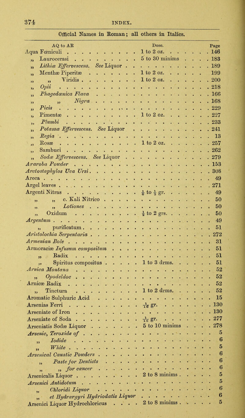 Ofllcial Karnes in Roman: all others in Italics. AQ to AE Dose. Page Aqua Foeniculi 1 to 2 oz 146 Laurocerasi 5 to 30 minims .... 183 LithicB Effervescens. See Liquor 189 Menthae Piperitse 1 to 2 oz 199 „ Viridis 1 to 2 oz 200 Opii , 218 Phagedoenica Flava 166 „ Nigra 168 Picis , 229 PimentEe . 1 to 2 oz 227 Flumbi . 233 Potassce Effervescens. See Liquor 241 Regia 13 Eosse 1 to 2 oz 257 Sambuci 262 Sodce Effervescens. See Liquor 279 Araroha Powder 153 Arctostajphylos Uva Ursi 308 Areca 49 Argel leaves 271 Argenti Nitras i to i gr 49 „ „ c. Kali Nitrico 50 „ 5, Lotiones 50 „ Oxidum ^ to 2 grs 50 Argentum 49 „ purificatum 51 AristolocMa Serpentaria 272 Armenian Bole .31 Armoracise Infusuin compositum . 51 „ Eadix .51 J, Spiritus compositus 1 to 3 drms 51 Arnica Montana 52 5, Opodeldoc 52 Arnicse Radix 52 „ Tinctura 1 to 2 drms 52 Aromatic Sulphuric Acid 15 Arsenias Ferri . tV Arseniate of Iron 130 Arseniate of Soda i^g- gr 277 Arseniatis Sodse Liquor 5 to 10 minims . . . .278 Arsenic^ Teroxide of 5 „ Iodide 6 „ White • • 5 Arsenical Caustic Powders 6 „ Paste for Dentists . 6 35 5J fov cancer 6 Arsenicalis Liquor 2 to 8 minims 5 Arsenici Antidotum ^ „ Chloridi Liquor ^ „ et Hydrargyri Hydriodatis Liquor 6 Arsenici Liquor Hydrochloricus . . . • 2 to 8 minims 5
