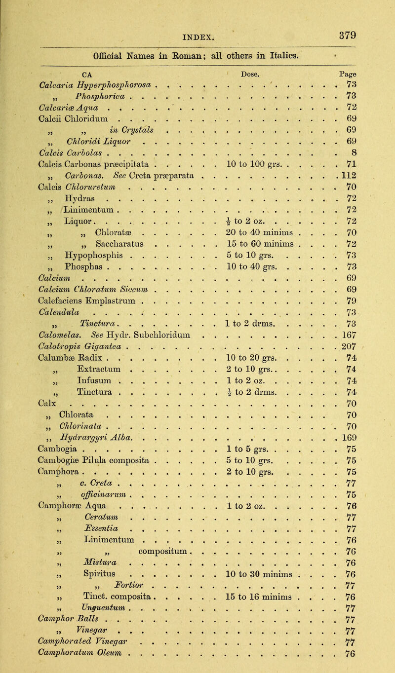 Official Names in Roman; all others in Italics. CA Dose, Page Calcaria HyperphospJiorosa . . ■ ' 73 „ PhospJiorica 73 Calcarice Aqua ' 72 Calcii Cliloridum 69 „ „ in Crystals 69 ,, Chloridi Liquor 69 Calcis Carholas . 8 Calcis Carbonas praecipitata 10 to 100 grs 71 „ Carlonas. See Creta praeparata 112 Calcis Chloruretum 70 „ Hydras 72 „ Linimentum 72 „ Liquor | to 2 oz 72 „ „ Chloratse 20 to 40 minims .... 70 „ „ Saccliaratus 15 to 60 minims .... 72 Hypophospliis 5 to 10 grs 73 „ Phosphas 10 to 40 grs 73 Calcium 69 Calcium Chloratum Siccum 69 Calefaciens Emplastrum 79 Calendula 73 „ Tinctura 1 to 2 drms 73 Calomelas. See Hydr. Subchloridum 167 Calotropis Gigantea . , 207 CalumbsB Eadix 10 to 20 grs 74 Extractum 2 to 10 grs .74 „ Infusum 1 to 2 oz 74 „ Tinctm'a i to 2 drms 74 Calx 70 „ Chlorata 70 „ Chlorinata 70 Hydrargyri Alha 169 Cambogia 1 to 5 grs 75 Cambogise Pilula composita 5 to 10 grs 75 Camphora 2 to 10 grs 75 „ c. Creta 77 5, qfficina^^um 75 Camphorae Aqua 1 to 2 oz 76 5, Ceratum 77 „ Essentia 77 „ Linimentum 76 „ „ compositum 76 „ Mistura 76 „ Spiritus 10 to 30 minims .... 76 „ „ Fortior 77 „ Tinct. composita 15 to 16 minims .... 76 „ Un§uentum 77 Camphor Balls 77 „ Vinegar ... 77 Camphorated Vinegar 77 Camphoratum Oleum 76