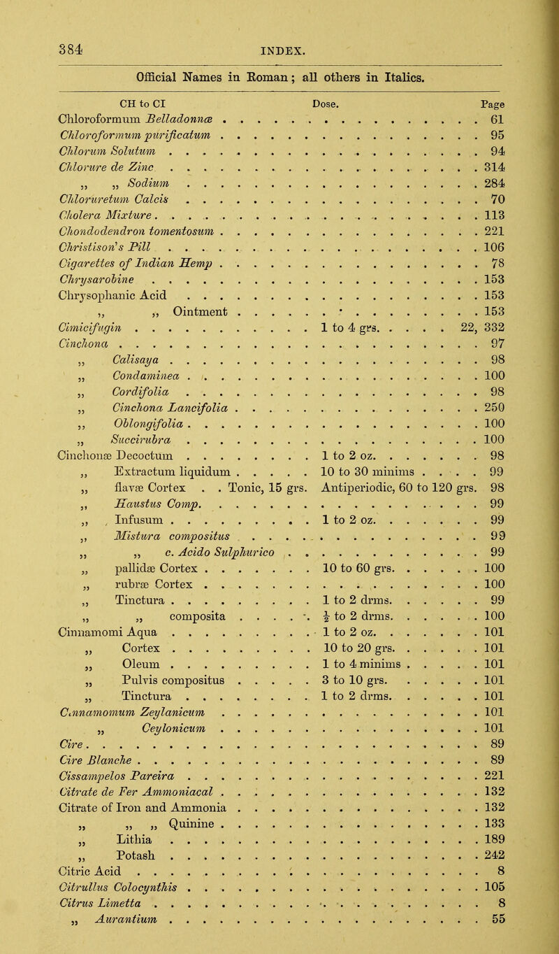 Official Names in Eoman; all others in Italics. CH to CI Dose. Page Chloroformum Belladonncs 61 Chloroformum jpurificatum 95 Clilorum Solutum 94 Chlorure de Zinc 314 „ „ Sodium 284 CMoruretum Calcis 70 Cholera Mixture 113 Cliondodendron tomerdosum 221 Christison^s Pill 106 Cigarettes of Indian Semp 78 Chrysarohine 153 Chrysoplianic Acid 153 „ „ Ointment • 153 Cimicif ugin 1 to 4 gVB 22, 332 Cinchona 97 Calisaya 98 „ Condaminea , 100 „ Cordifolia 98 „ Cinchona Lancifolia 250 5, Ohlongifolia 100 5, Succirubra 100 Cinclionae Decoctum 1 to 2 oz 98 „ Extractum liquidum 10 to 30 minims .... 99 „ flavse Cortex . . Tonic, 15 grs. Antiperiodic, 60 to 120 grs. 98 Eaustus Comp 99 „ , Infusum 1 to 2 oz . 99 Mistura compositus 99 ,, „ c. Acido Sulphurico 99 pallidse Cortex 10 to 60 grs .100 „ rubrse Cortex 100 „ Tinctura 1 to 2 drms 99 „ „ composita . . . . i to 2 drms 100 Cinnamomi Aqua 1 to 2 oz 101 „ Cortex 10 to 20 grs 101 „ Oleum 1 to 4 minims 101 „ Pulvis compositus 3 to 10 grs 101 „ Tinctura 1 to 2 drms 101 Ctnnamomum Zeylanicum 101 „ Ceylonicum 101 Cire 89 Cire Blanche 89 Cissampelos Pareira 221 Citrate de Per Ammoniacal 132 Citrate of Iron and Ammonia 132 „ „ „ Quinine 133 „ Lithia 189 Potash 242 Citric Acid '. 8 Oitrullus Colocynthis 105 Citrus Limetta . . 8 „ Aurantium 55