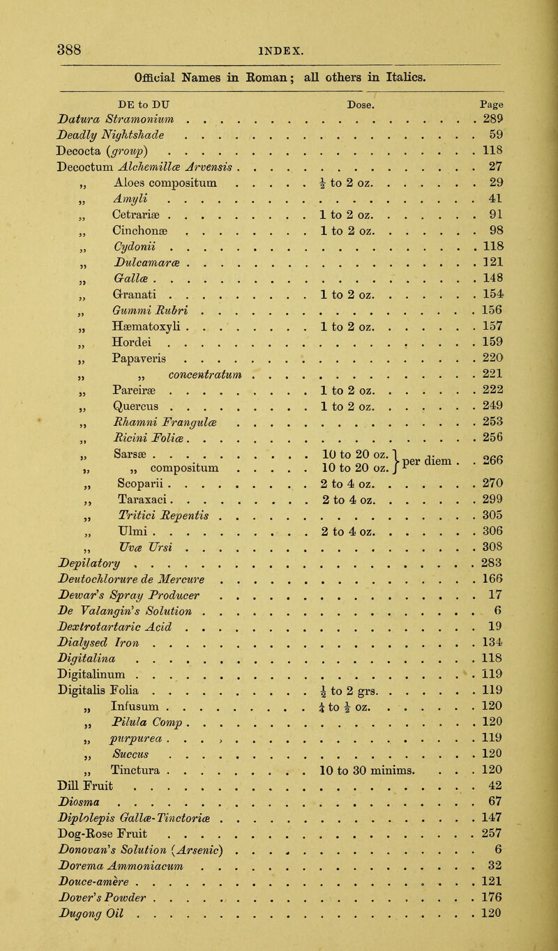 Official Names in Koman; all others in Italics. DE to DU Dose. Page Datura Stramonium 289 Deadly NightsJiade 59 Decocta {growp) 118 Decoctum AlcTiemillcB Jrvensis . 27 „ Aloes compositum ^ to 2 oz 29 „ Amyli 41 „ Cetrariae 1 to 2 oz 91 „ Cinchonse , 1 to 2 oz 98 „ Cydonii 118 „ Dulcamaras 321 Galla 148 „ G-ranati 1 to 2 oz 154* „ Gummi Rubri 156 „ Hsematoxyli 1 to 2 oz 157 Hordei 159 „ Papaveris 220 „ „ concentratum 221 „ Pareirse 1 to 2 oz 222 „ Quercus 1 to 2 oz 249 Rhamni Frangulce 253 „ Ricini Folia 256 „ Sarsge 10 to 20 oz. 1 -,. ncc „ compositum 10 to 20 oz. ^^^^ ' Scoparii 2 to 4 oz 270 Taraxaci 2 to 4 oz 299 Tritici Repentis . 305 Ulmi 2 to 4 oz 306 Uvce TJrsi 308 Depilatory 283 Deutochlorure de Mercure 166 Dewar's Spray Producer 17 De Valangin's Solution 6 Dextrotartaric Acid 19 Dialysed Iron 134 Digitalina 118 Digitalinum 119 Digitalis Folia ^ to 2 grs 119 Infusum 5 to i oz 120 Filula Comp 120 purpurea . . . , 119 Succus 120 Tinctura 10 to 30 minims. . . . 120 Dill Fruit 42 Diosma 67 Diplolepis Galla-Tinctorice 147 Dog-Eose Fruit 257 Donovan^s Solution {Arsenic) . . . ^ 6 Dorema Ammoniacum 32 Douce-amere ....121 Dover''s Powder 176 Dugong Oil 120