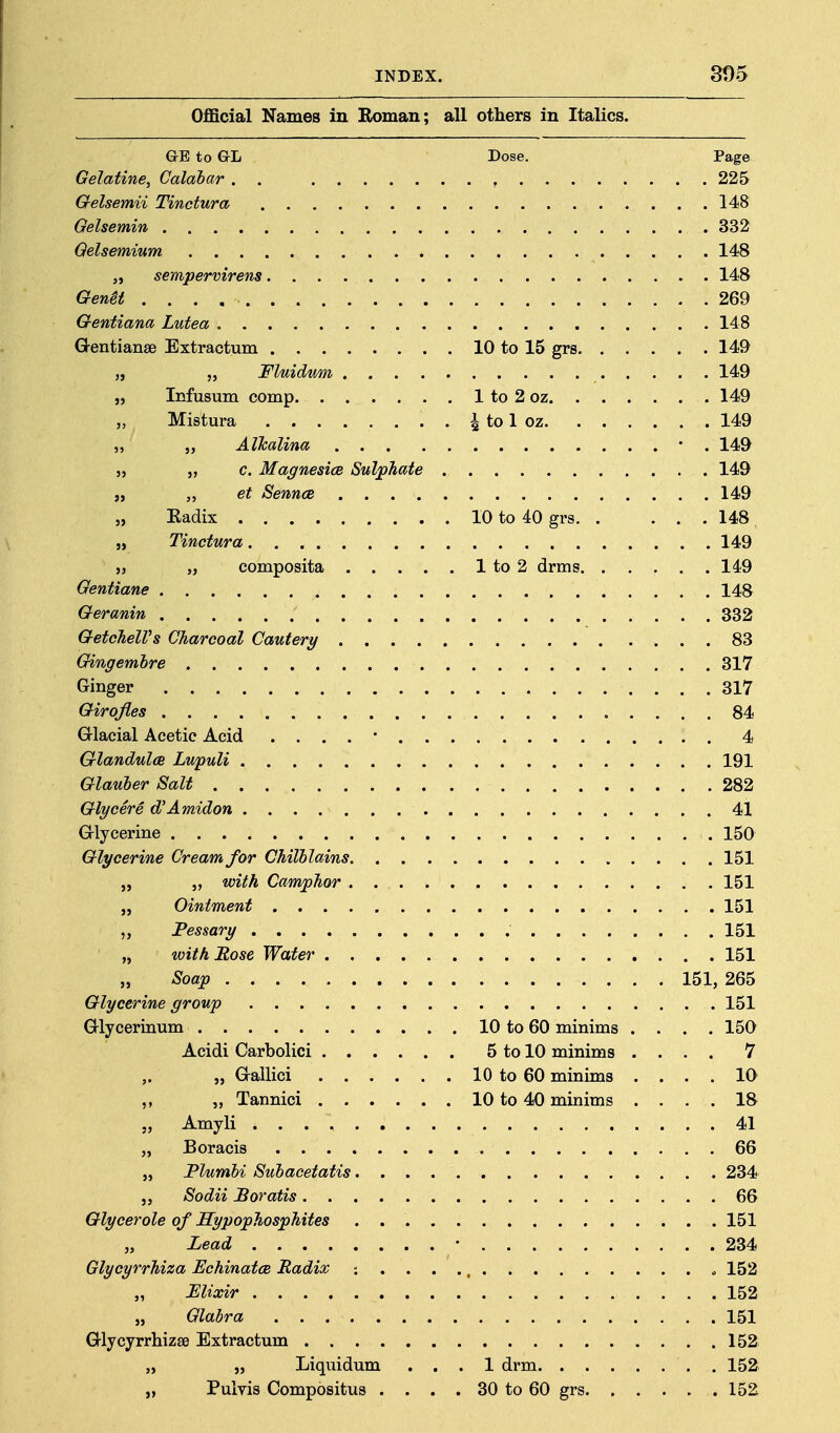 Official Names in Roman; all others in Italics. GE to GL Dose. Page Gelatine, Calabar . . 225 Gelsemii Tinctura 148 Oelsemin 332 Qelsemium 148 „ sempervirens 148 Genet 269 Gentiana Lutea 148 Gentianae Extractum 10 to 15 grs 149 „ „ Fluidtim 149 J, Infusum comp 1 to 2 oz 149 „ Mistura ^ to 1 oz 149 „ „ Alhalina • . 149 „ „ c. Magnesia Sulphate 149 J, „ et Sennce 149 „ Eadix 10 to 40 grs 148 „ Tinctura 149 „ „ composita 1 to 2 drms 149 Gentiane 148 Geranin 332 GetcJielVs Charcoal Cautery 83 Qingemhre 317 Ginger 317 Girofles 84 Grlacial Acetic Acid . , . . • 4 Glandules Lupuli 191 Glauber Salt 282 Glycere d'Amidon 41 Grlycerine 150 Glycerine Cream for Chilblains 151 „ with Camphor 151 „ Ointment 151 „ Pessary 151 „ with Rose Water 151 Soap 151, 265 Glycerine group 151 Glycerinum 10 to 60 minims . . . .150 Acidi Carbolici 5 to 10 minims .... 7 „ G-ailici 10 to 60 minims .... 10 „ Tannici 10 to 40 minims .... 18 „ Amyli 41 „ Boracis 66 „ JPlumbi Subacetatis 234 J, Sodii JBoralis 66 Glycerole of Sypophosphites . 151 „ Lead • 234 Glycyrrhiza Echinatce Radix 152 „ Elixir 152 „ Glabra 151 Glycyrrhizse Extractum 152 „ „ Liquidum ... 1 drm 152 „ Pulvis Compositus . . . . 30 to 60 grs 152