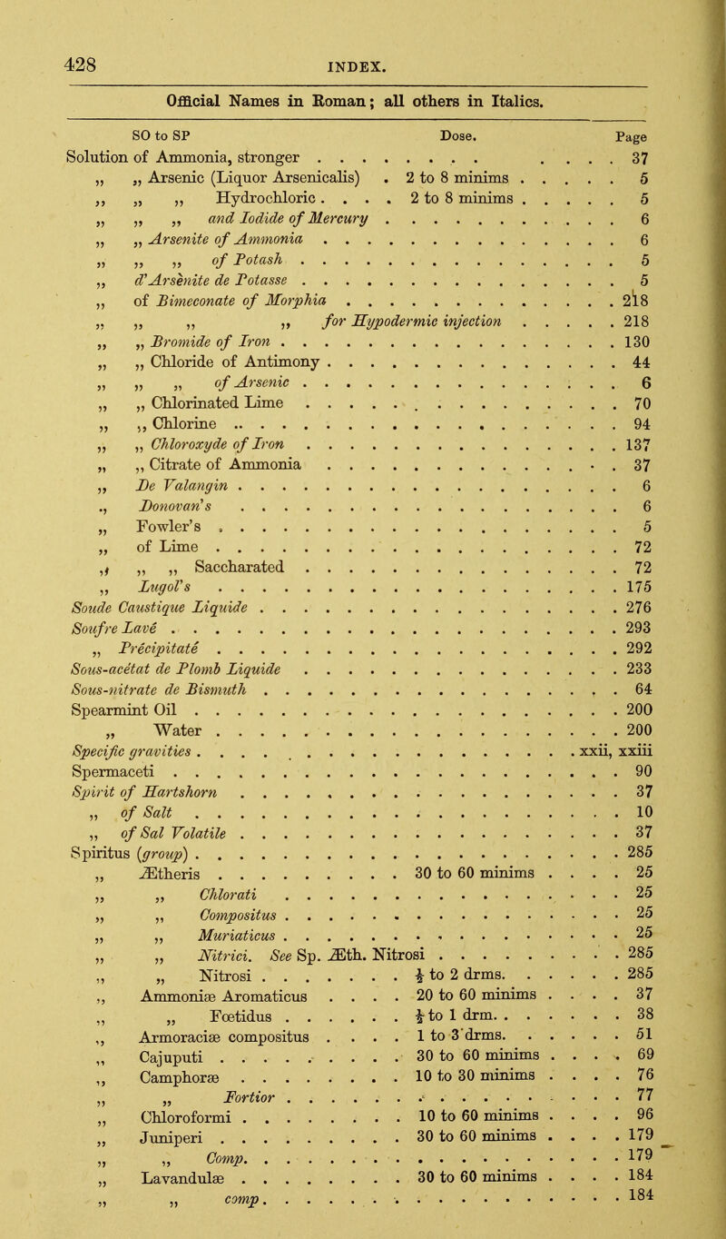 Official Names in Boman; all others in Italics. SO to SP Dose. Page Solution of Ammonia, stronger . .... 37 „ „ Arsenic (Liquor Arsenicalis) . 2 to 8 minims 5 „ Hydrochloric. . . . 2 to 8 mioims 5 „ „ and Iodide of Mercury 6 „ „ Arsenite of Ammonia 6 „ „ „ of Fotash 5 „ d''Arsenite de Fotasse 5 „ of Bimeconate of Morphia 2i8 „ „ ,, for Hypodermic injection 218 „ „ Bromide of Iron 130 „ „ Chloride of Antimony 44 „ „ „ of Arsenic 6 „ „ Chlorinated Lime 70 „ Chlorine 94 „ „ Chloroxyde of Iron 137 „ ,, Citrate of Ammonia • . 37 ,, Be Valangin 6 ., Donovan's 6 „ Fowler's , 5 „ of Lime 72 ,^ „ „ Saccharated 72 LugoVs 175 Sonde Caustique Liquide 276 Soiifrelave 293 „ Precipitate 292 Sous-acetat de Plomb Liquide 233 Sous-nitrate de Bismuth 64 Spearmint Oil 20O „ Water 200 Specific gravities .... , xxii, xxiii Spermaceti 90 Spirit of Hartshorn 37 „ of Salt 10 „ of Sal Volatile 37 Spiritus {group) 285 „ itheris 30 to 60 minims .... 25 „ Chlorati 25 „ ,, Compositus 25 „ „ Muriaticus - 25 „ „ mtrici. See Sp. iEth. Nitrosi .285 „ Nitrosi i to 2 drms 285 „ Ammonige Aromaticus . . . . 20 to 60 minims .... 37 „ „ Fcetidus ^to 1 drm 38 Armoracise compositus .... 1 to 3drms 51 Cajuputi . . . 30 to 60 minims .... 69 „ Camphorse 10 to 30 minims .... 76 „ „ Fortior ^ ... 11 „ Chloroform! 10 to 60 minims .... 96 „ Jimiperi 30 to 60 minims . . . .179 „ „ Comp 179 „ Lavandulae 30 to 60 minims . . . .184 „ „ comp 184