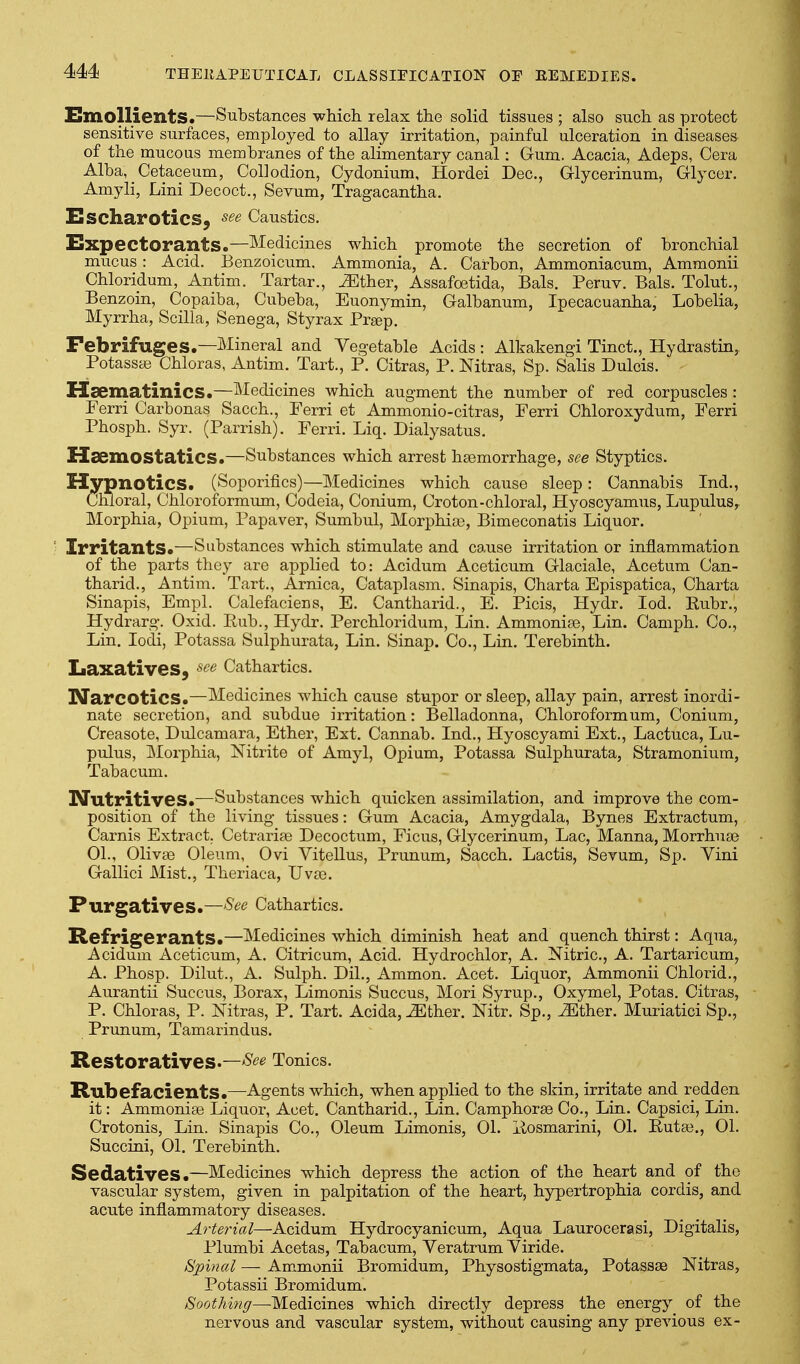 Emollients.—Substances wMcli relax the solid tissues ; also such, as protect sensitive surfaces, employed to allay irritation, painful ulceration in diseases of the mucous membranes of the alimentary canal: Gum. Acacia, Adeps, Cera Alba, Cetaceum, Collodion, Cydonium, Hordei Dec, Glycerinum, Glycer. Amyli, Lini Decoct., Sevum, Tragacantha. Escharotics^ ^^(^ Caustics. Expectorants.—Medicines which promote the secretion of bronchial mucus: Acid. Benzoicum, Ammonia, A. Carbon, Ammoniacum, Ammonii Chloridum, Antim. Tartar., ^Ether, Assafoetida, Bals. Peruv. Bals. Tolut., Benzoin, Copaiba, Cubeba, Euonymin, Galbanum, Ipecacuanha, Lobelia, Myrrha, Scilla, Senega, Styrax Prgep. Febrifuges.—Mineral and Vegetable Acids : Alkakengi Tinct., Hydrastin, Potasste Chloras, Antim. Tart., P. Citras, P. Nitras, Sp. Salis Dulcis. Hsematinics.—Medicines which augment the number of red corpuscles : Ferri Carbonas Sacch., Ferri et Ammonio-citras, Ferri Chloroxydum, Ferri Phosph. Syr. (Parrish). Ferri. Liq. Dialysatus. Haemostatics.—Substances which arrest haemorrhage, see Styptics. Hypnotics. (Soporifics)—Medicines which cause sleep: Cannabis Ind., Chloral, Chloroformum, Codeia, Conium, Croton-chloral, Hyoscyamus, Lupulus^ Morphia, Opium, Papaver, Sumbul, Morphia3, Bimeconatis Liquor. ' Irritants*—Substances which stimulate and cause irritation or inflammation of the parts they are applied to: Acidum Aceticum Glaciale, Acetum Can- tharid., Antim. Tart., Arnica, Cataplasm. Sinapis, Charta Epispatica, Charta Sinapis, Empl. Calefaciens, E. Cantharid., E. Picis, Hydr, lod. Eubr., Hydrarg. Oxid. Rub., Hydr. Perchloridum, Lin. Ammonise, Lin. Camph. Co., Lin. lodi, Potassa Sulphurata, Lin. Sinap. Co., Lin. Terebinth. Laxatives, ^ce Cathartics. INTarcotics.—Medicines which cause stupor or sleep, allay pain, arrest inordi- nate secretion, and subdue irritation: Belladonna, Chloroformum, Conium, Creasote, Dulcamara, Ether, Ext. Cannab. Ind., Hyoscyami Ext., Lactuca, Lu- pulus, IMorphia, Nitrite of Amyl, Opium, Potassa Sulphurata, Stramonium, Tabacum. INTutritiveS.—Substances which quicken assimilation, and improve the com- position of the living tissues: Gum Acacia, Amygdala, Bynes Extractum, Carnis Extract. Cetrarise Decoctum, Ficus, Glycerinum, Lac, Manna, Morrhuae 01., Olivse Oleum, Ovi Vitellus, Prunum, Sacch. Lactis, Sevum, Sp. Vini Gallici Mist., Theriaca, Uvce. Purgatives.—Cathartics. Refrigerants.—Medicines which diminish heat and quench thirst: Aqua, Acidum Aceticum, A. Citricum, Acid. Hydrochlor, A. Nitric, A. Tartaricum, A. Phosp. Dilut., A. Sulph. Dil., Ammon. Acet. Liquor, Ammonii Chlorid., Aurantii Succus, Borax, Limonis Succus, Mori Syrup., Oxymel, Potas. Citras, P. Chloras, P. Nitras, P. Tart. Acida, ^ther. Nitr. Sp., ^Ether. Muriatici Sp., Prunum, Tamarindus. Restoratives.—Tonics. Rubefacients.—Agents which, when applied to the skin, irritate and redden it: Ammonise Liquor, Acet, Cantharid., Lin. Camphorae Co., Lin. Capsici, Lin. Crotonis, Lin. Sinapis Co., Oleum Limonis, 01. liosmarini, 01. Eutaj., 01. Succini, 01. Terebinth. Sedatives.—Medicines which depress the action of the heart and of the vascular system, given in palpitation of the heart, hypertrophia cordis, and acute inflammatory diseases. Arterial-~KffA\yai Hydrocyanicum, Aqua Laurocerasi, Digitalis, Plumbi Acetas, Tabacum, Yeratrum Yiride. Spinal — Am.monii Bromidum, Physostigmata, Potassae Nitras, Potassii Bromidum. Soothing—Medicines which directly depress the energy of the nervous and vascular system, without causing any previous ex-