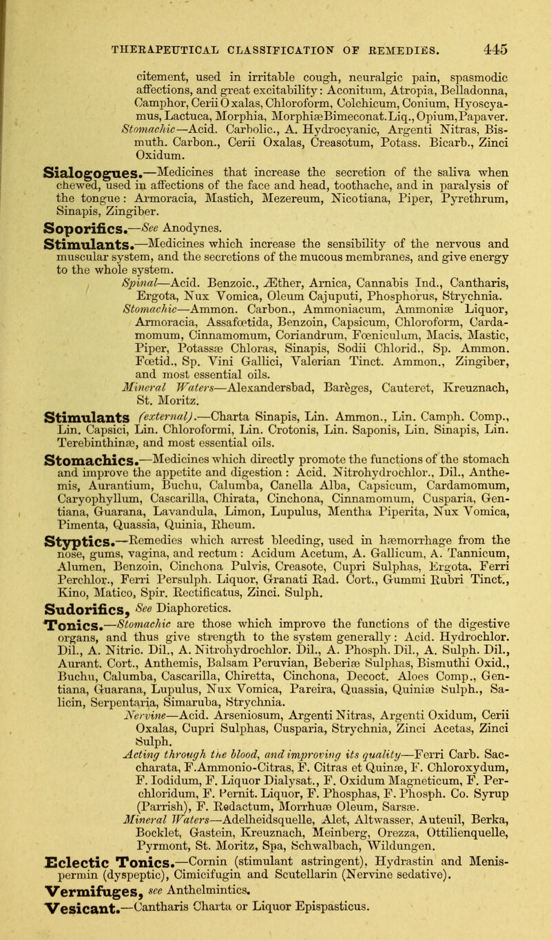 citement, used in irritable cough, neuralgic pain, spasmodic aflPections, and great excitability: Aconitum, Atropia, Belladonna, Camphor, Cerii 0 xalas, Chloroform, Colchicum, Conium, Hyoscya- mus, Lactuca, Morphia, MorphiseBimeconat.Liq., Opium,Papaver. Stomachic—Acid. Carbolic, A. Hydrocyanic, Argenti Nitras, Bis- muth. Carbon., Cerii Oxalas, Creasotum, Potass. Bicarb., Zinci Oxidum. SialogOgues.—Medicines that increase the secretion of the saliva when chewed, used in affections of the face and head, toothache, and in paralysis of the tongue: Armoracia, Mastich, Mezereum, Nicotiana, Piper, Pyrethrum, Sinapis, Zingiber. Soporifics.—Anodynes. Stimulants*—Medicines which increase the sensibility of the nervous and muscular system, and the secretions of the mucous membranes, and give energy to the whole system. Spinal—Acid. Benzoic, ^ther, Arnica, Cannabis Ind., Cantharis, Ergota, Nux Vomica, Oleum Cajuputi, Phosphorus, Strychnia. Stomachic—Ammon. Carbon., Ammoniacum, Ammonife Liquor, Armoracia, Assafoetida, Benzoin, Capsicum, Chloroform, Carda- momum, Cinnamomum, Coriandrum, Foeniculum, Macis, Mastic, Piper, Potassas Chloras, Sinapis, Sodii Chlorid., Sp. Ammon. Foetid., Sp. Vini Gallici, Valerian Tinct. Ammon., Zingiber, and most essential oils. Mineral Waters—Alexandersbad, Bareges, Cauteret, Kreuznach, St. Moritz, Stimulants (external),—Charta Sinapis, Lin. Ammon., Lin. Camph. Comp., Lin. Capsici, Lin. Chloroformi, Lin. Crotonis, Lin. Saponis, Lin. Sinapis, Lin. Terebinthinae, and most essential oils. Stomachics*—Medicines which directly promote the functions of the stomach and improve the appetite and digestion : Acid. Nitrohydrochlor., Dil., Anthe- mis, Aurantium, Buchu, Calumba, Canella Alba, Capsicum, Cardamomum, Caryophyllum, Cascarilla, Chirata, Cinchona, Cinnamomum, Cusparia, GTen- tiana, Guarana, Lavandula, Limon, Lupulus, Mentha Piperita, Nux Vomica, Pimenta, Quassia, Quinia, Pheum. Styptics*—Remedies which arrest bleeding, used in ha3morrhage from the nose, gums, vagina, and rectum: Acidum Acetum, A. Gallicum, A. Tannicum, Alumen, Benzoin, Cinchona Pulvis, Creasote, Cupri Sulphas, Ergota, Ferri Perchlor., Ferri Persulph. Liquor, Granati Pad. Cort., Gummi Pubri Tinct., Kino, Matico, Spir. Pectificatus, Zinci. Sulph. SudorificSy Diaphoretics. •Tonics.—Stomachic are those which improve the functions of the digestive organs, and thus give strength to the system generally: Acid. Hydrochlor. Dil., A. Nitric. Dil., A. Nitrohydrochlor. Dil., A. Phosph. Dil., A. Siilph. Dil., Aurant. Cort., Anthemis, Balsam Peruvian, Beberiae Sulphas, Bismuthi Oxid., Buchu, Calumba, Cascarilla, Chiretta, Cinchona, Decoct. Aloes Comp., Gen- tiana, Guarana, Lupulus, Nux Vomica, Pareira, Quassia, Quinias Sulph., Sa- licin, Serpentaria, Simaruba, Strychnia. Nervine—Acid. Arseniosum, Argenti Nitras, Argenti Oxidum, Cerii Oxalas, Cupri Sulphas, Cusparia, Strychnia, Zinci Acetas, Zinci Sulph. Acting through the blood, and tmprovif?g its quality—Ferri Carb. Sac- charata, F.Ammonio-Citras, F. Citras et Quinae, F. Chloroxydum, F. lodidum, F. Liquor Dialysat., F. Oxidum Magneticum, F. Per- chloridum, F. Pernit. Liquor, F. Phosphas, F. Phosph. Co. Syrup (Parrish), F. Pedactum, Morrhuae Oleum, Sarsae. Mineral Waters—Adelheidsquelle, Alet, Altwasser, Auteuil, Berka, Booklet, Gastein, Kreuznach, Meinberg, Orezza, Ottilienquelle, Pyrmont, St. Moritz, Spa, Schwalbach, Wildungen. Eclectic Tonics.—Cornin (stimulant astringent), Hydrastin and Menis- perrain (dyspeptic), Cimicifugin and Scutellarin (Nervine sedative). Vermifuges, ^ce Anthelmintics. Vesicant.—Cantharis Charta or Liquor Epispasticus.