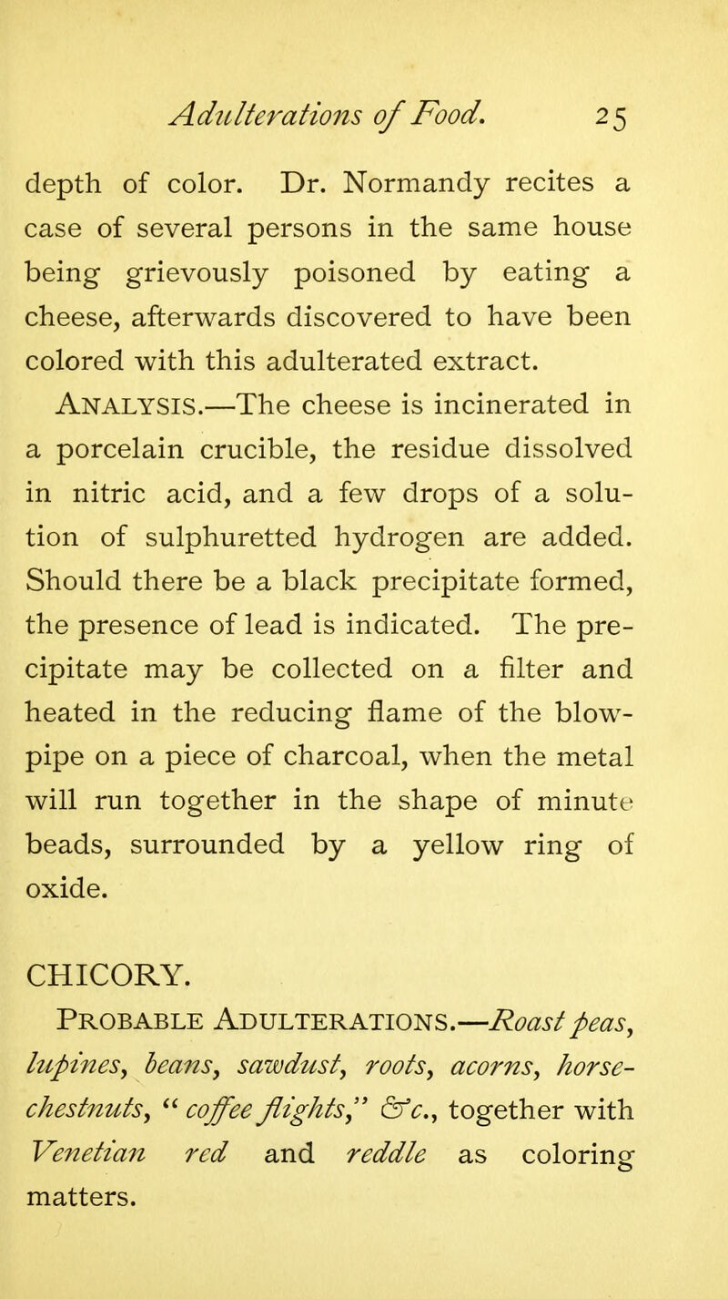 depth of color. Dr. Normandy recites a case of several persons in the same house being grievously poisoned by eating a cheese, afterwards discovered to have been colored with this adulterated extract. Analysis.—The cheese is incinerated in a porcelain crucible, the residue dissolved in nitric acid, and a few drops of a solu- tion of sulphuretted hydrogen are added. Should there be a black precipitate formed, the presence of lead is indicated. The pre- cipitate may be collected on a filter and heated in the reducing flame of the blow- pipe on a piece of charcoal, when the metal will run together in the shape of minute beads, surrounded by a yellow ring of oxide. CHICORY. Probable Adulterations.—Roast peas, lupines, beans, sawdust, roots, acorns, horse- chestnuts,  coffee flights,'' &c.^ together with Venetiait red and reddle as coloring matters.